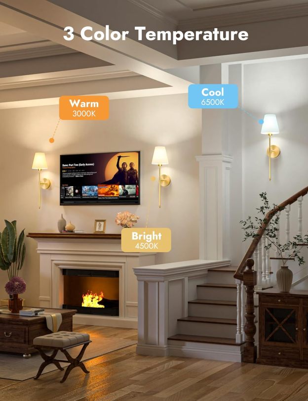 VOLISUN Battery Operated Wall Sconces Set of Two, Wireless Wall Sconces with Remote and Dimmable Bulbs, 9 Colors Battery Powered Wall Lights, Gold Rechargeable Wall Lamps for Bedroom (23.6 inch)