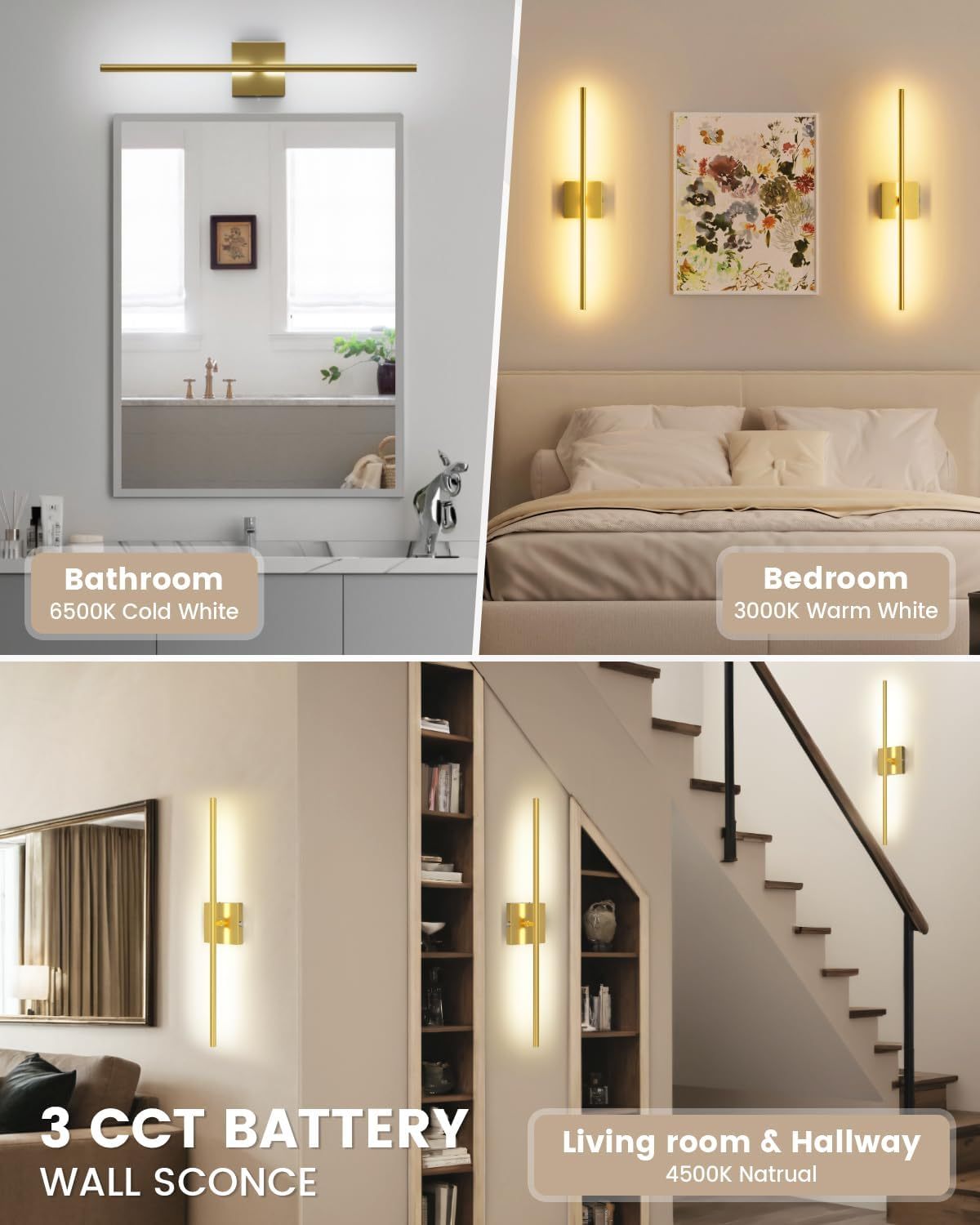 VOLISUN Battery Operated Wall Sconce Set of Two, Gold Rechargeable Wall Lights with Remote Control, 3000K-6500K Dimmable Wall Lamp, 27.6 Inch LED Wireless Wall Lights for Bedroom, Living Room,Hallway