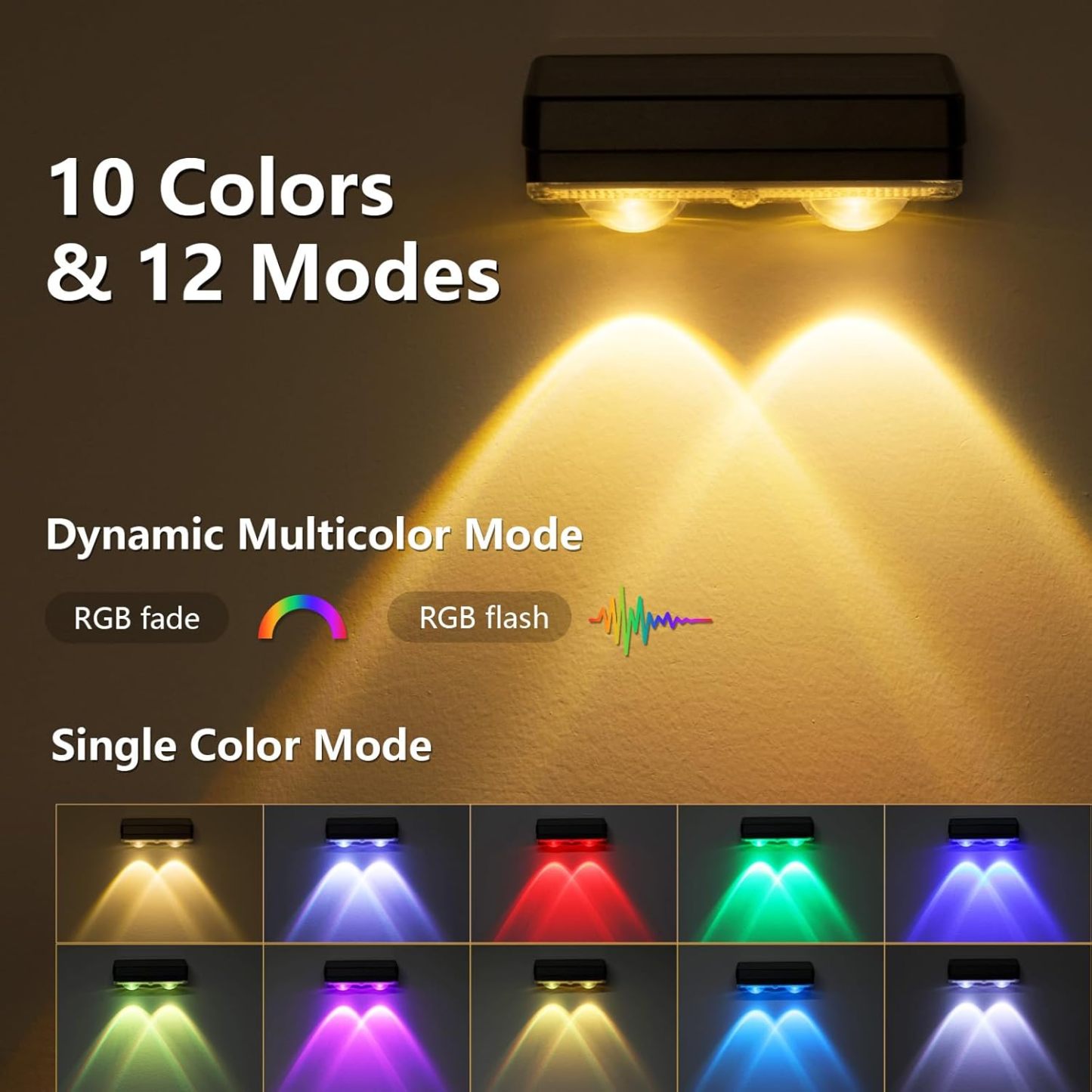 VOLISUN Solar Fence Lights 12 Pack, Warm White, Cool White and RGB Color Glow LED Solar Lights, IP65 Waterproof Fence Solar Lights Outdoor for Patio, Backyard, Railing, Deck, Fence and Wall（Black）