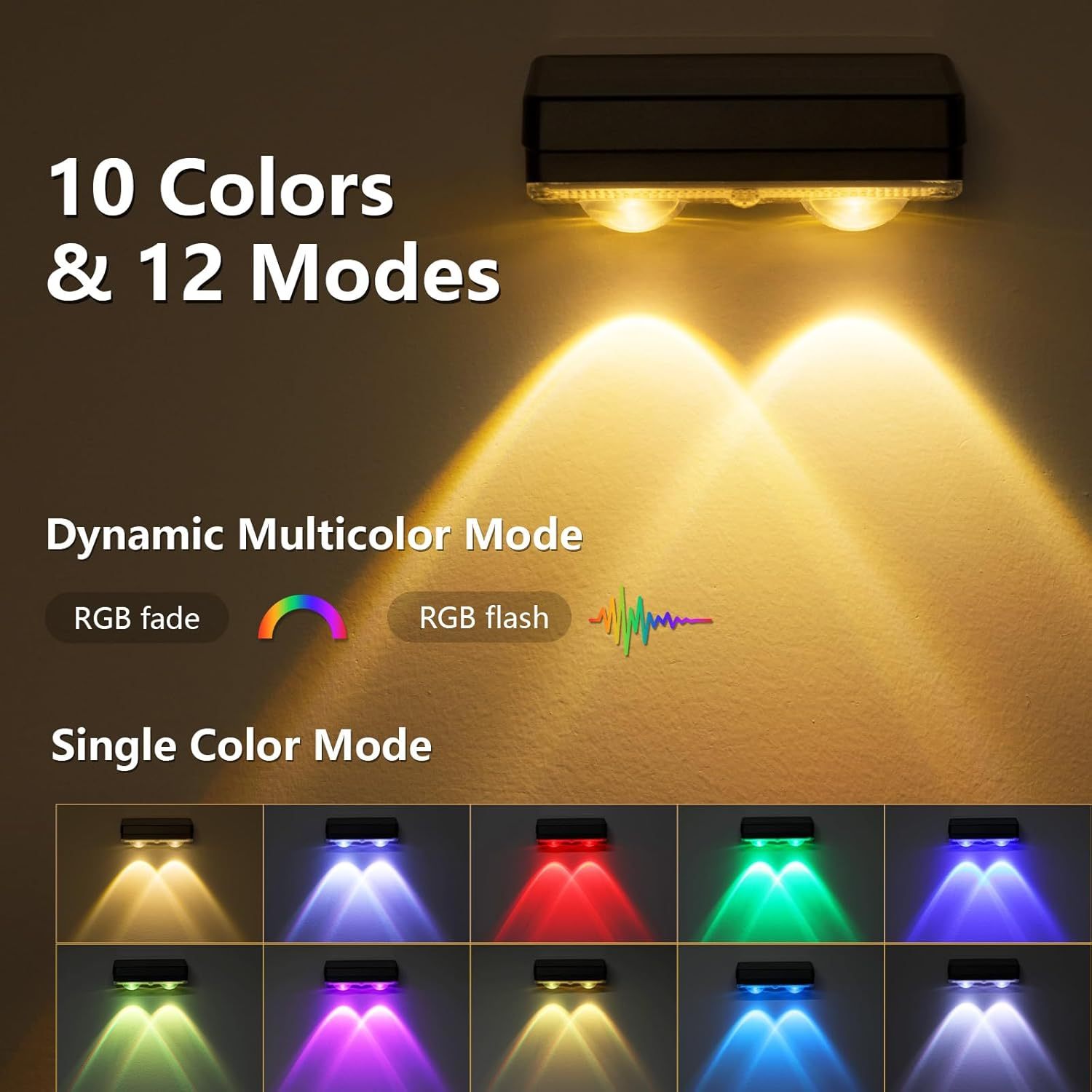 VOLISUN Solar Fence Lights 12 Pack, Warm White, Cool White and RGB Color Glow LED Solar Lights, IP65 Waterproof Fence Solar Lights Outdoor for Patio, Backyard, Railing, Deck, Fence and Wall（Black）