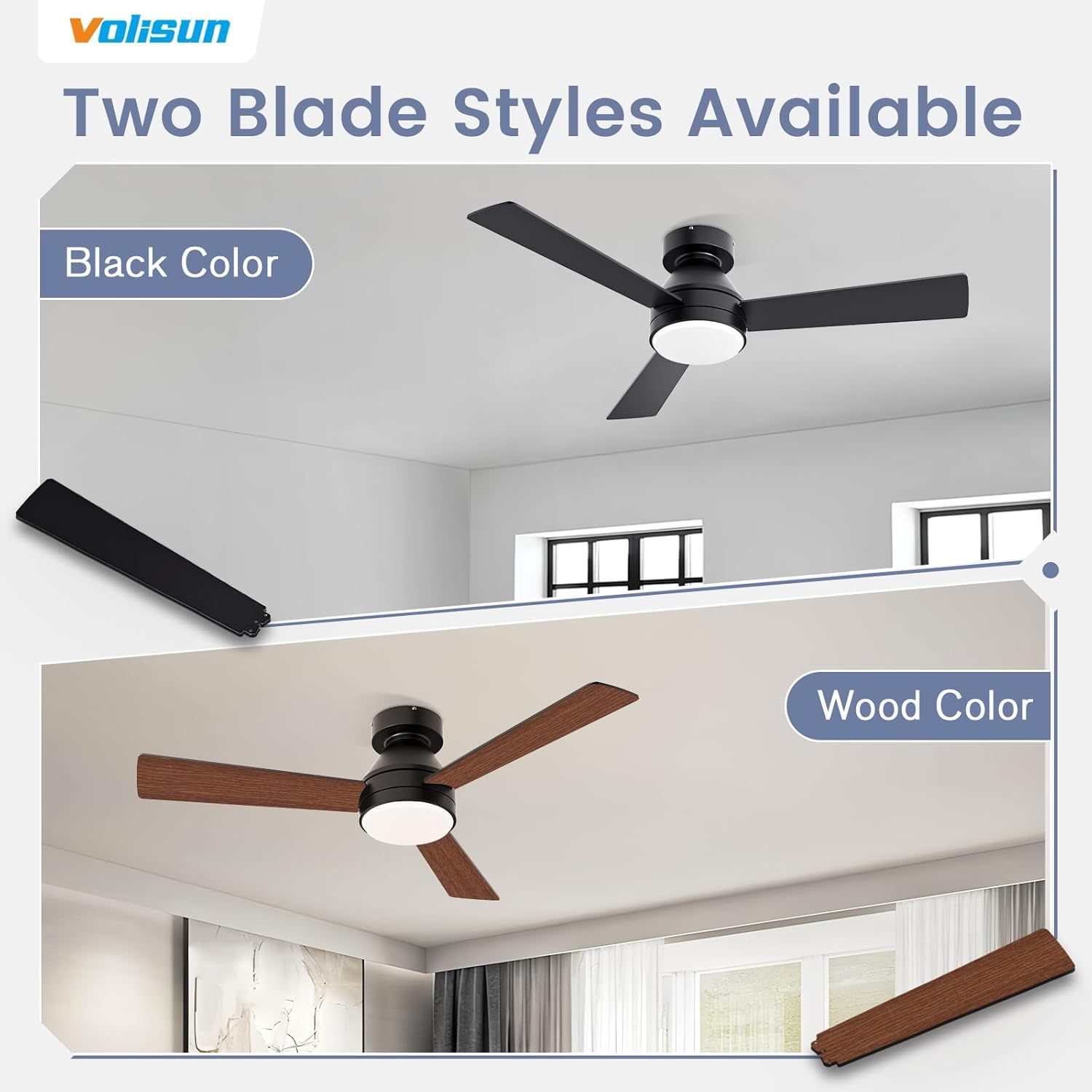 VOLISUN Ceiling Fan with Lights, 42 inch Low Profile Ceiling Fan with Light and Remote, Reversible, 3CCT, Dimmable, Noiseless, Black Flush Mount Ceilings Fans for Bedroom, Indoor/Outdoor 