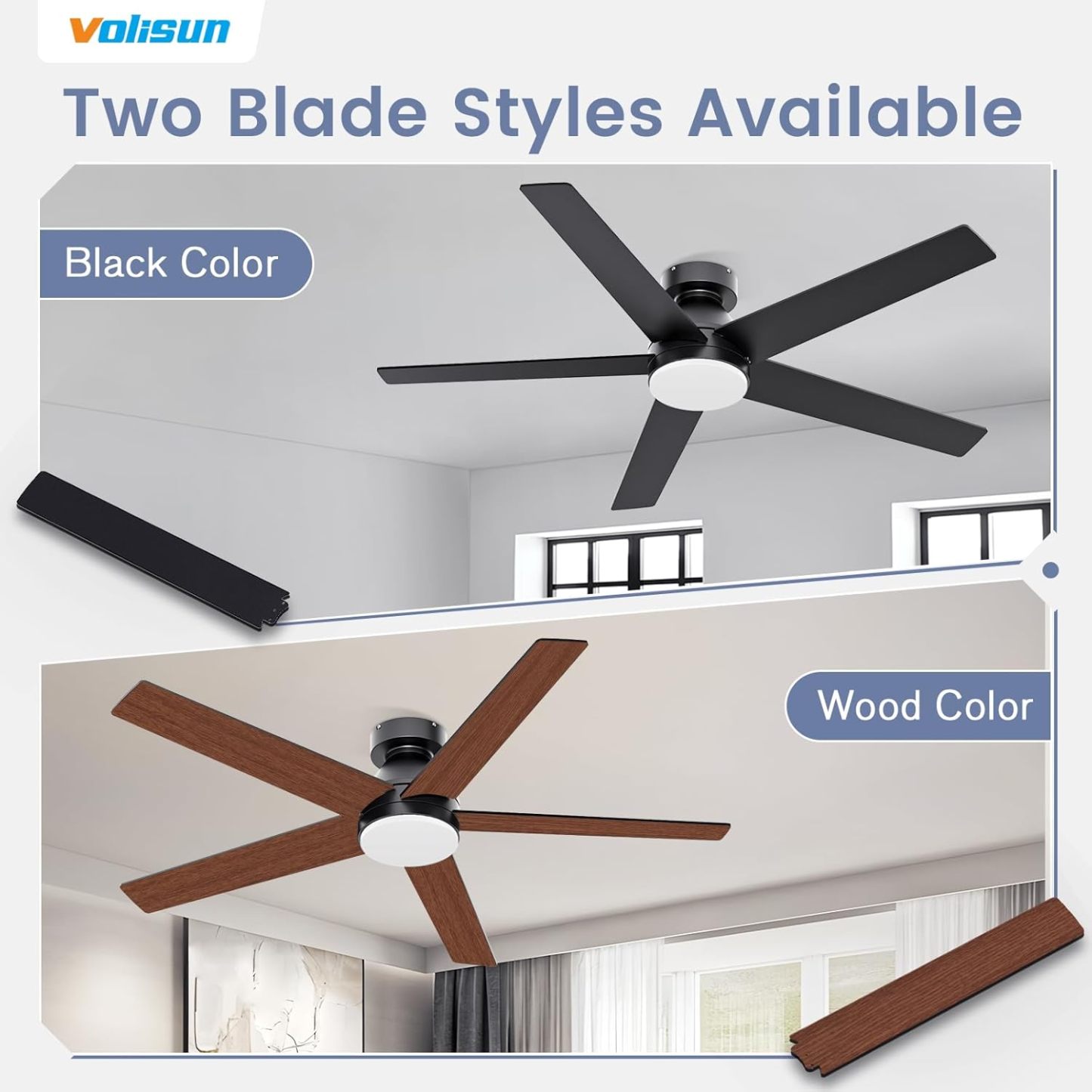 VOLISUN Ceiling Fan with Lights and Remote, 52 inch Low Profile Ceiling Fan with Light, Reversible, 3CCT, Dimmable, Noiseless, Black Flush Mount Ceilings Fans for Bedroom, Indoor/Outdoor  