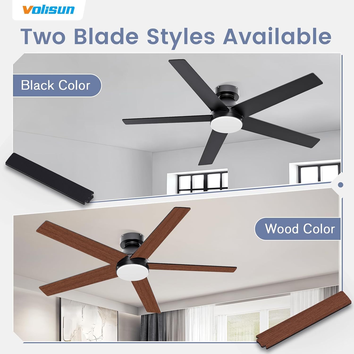 VOLISUN Ceiling Fan with Lights and Remote, 52 inch Low Profile Ceiling Fan with Light, Reversible, 3CCT, Dimmable, Noiseless, Black Flush Mount Ceilings Fans for Bedroom, Indoor/Outdoor  