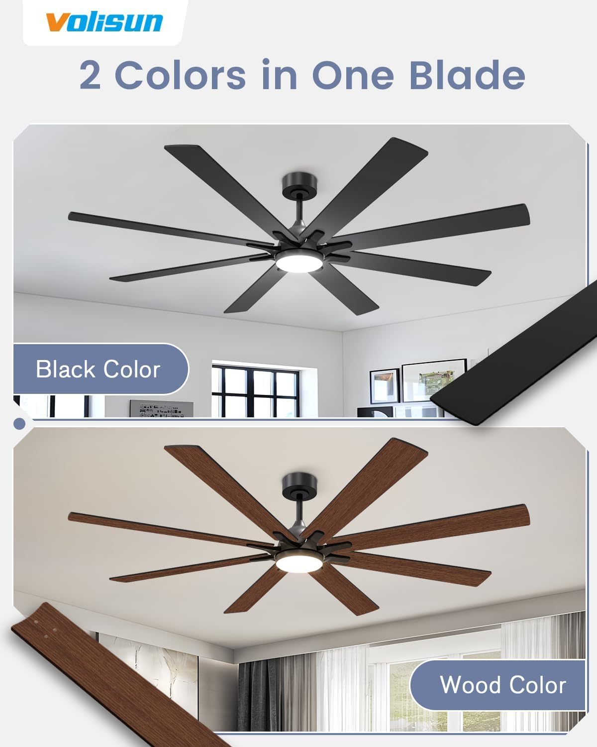 VOLISUN 72in Ceiling Fans with Lights, 8 Blades Large Ceiling Fan with Light and Remote, 3CCT Dimmable Outdoor Ceiling Fans with Light for Patio, Living Room(Black+Wood)  