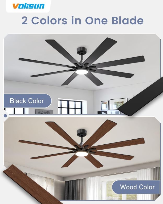 VOLISUN 72in Ceiling Fans with Lights, 8 Blades Large Ceiling Fan with Light and Remote, 3CCT Dimmable Outdoor Ceiling Fans with Light for Patio, Living Room(Black+Wood)  