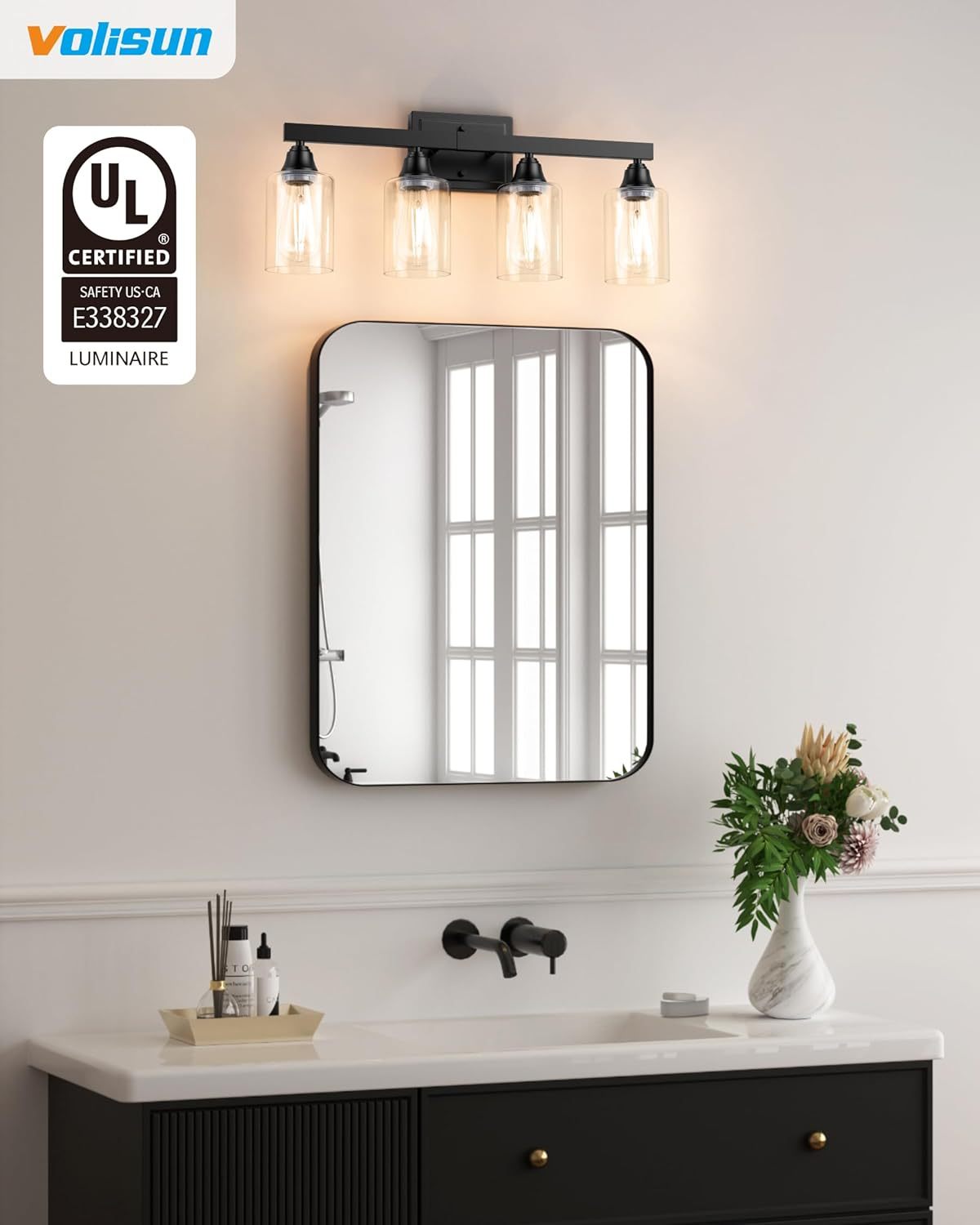Roll over image to zoom in VOLISUN 4-Light Bathroom Light Fixtures, Matte Black Bathroom Vanity Light Over Mirror, Modern Vanity Light for Bathroom, Bathroom Wall Light with Clear Glass Shades (Bulbs Excluded)