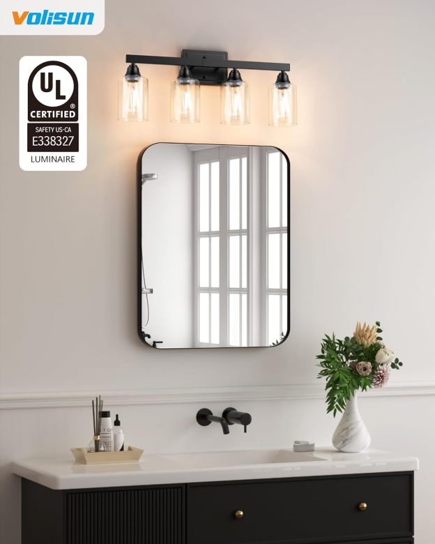 Roll over image to zoom in VOLISUN 4-Light Bathroom Light Fixtures, Matte Black Bathroom Vanity Light Over Mirror, Modern Vanity Light for Bathroom, Bathroom Wall Light with Clear Glass Shades (Bulbs Excluded)