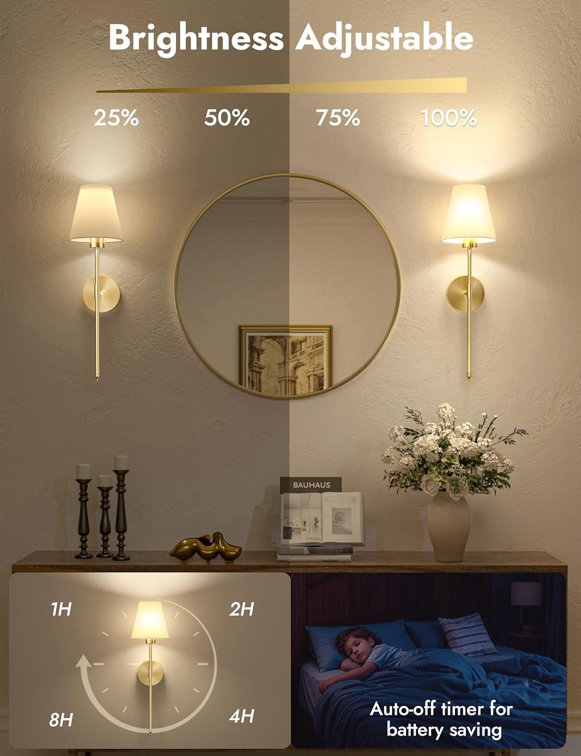 VOLISUN Battery Operated Wall Sconces Set of Two, Wireless Wall Sconces with Remote and Dimmable Bulbs, 9 Colors Battery Powered Wall Lights, Gold Rechargeable Wall Lamps for Bedroom (23.6 inch)