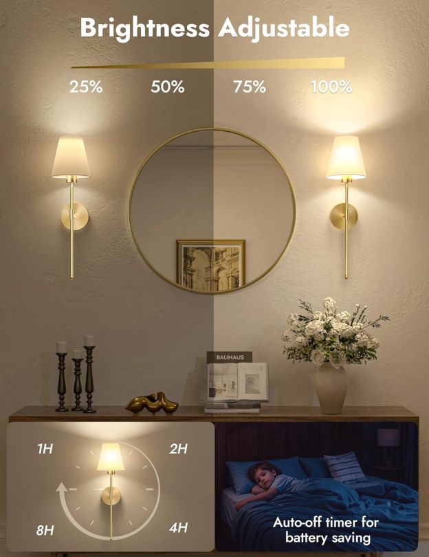 VOLISUN Battery Operated Wall Sconces Set of Two, Wireless Wall Sconces with Remote and Dimmable Bulbs, 9 Colors Battery Powered Wall Lights, Gold Rechargeable Wall Lamps for Bedroom (23.6 inch)