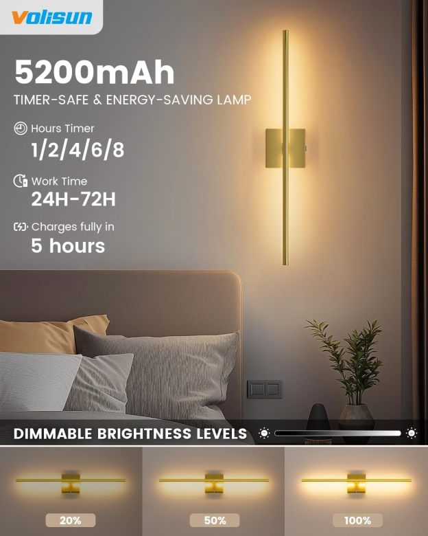 VOLISUN Battery Operated Wall Sconce Set of Two, Gold Rechargeable Wall Lights with Remote Control, 3000K-6500K Dimmable Wall Lamp, 27.6 Inch LED Wireless Wall Lights for Bedroom, Living Room,Hallway