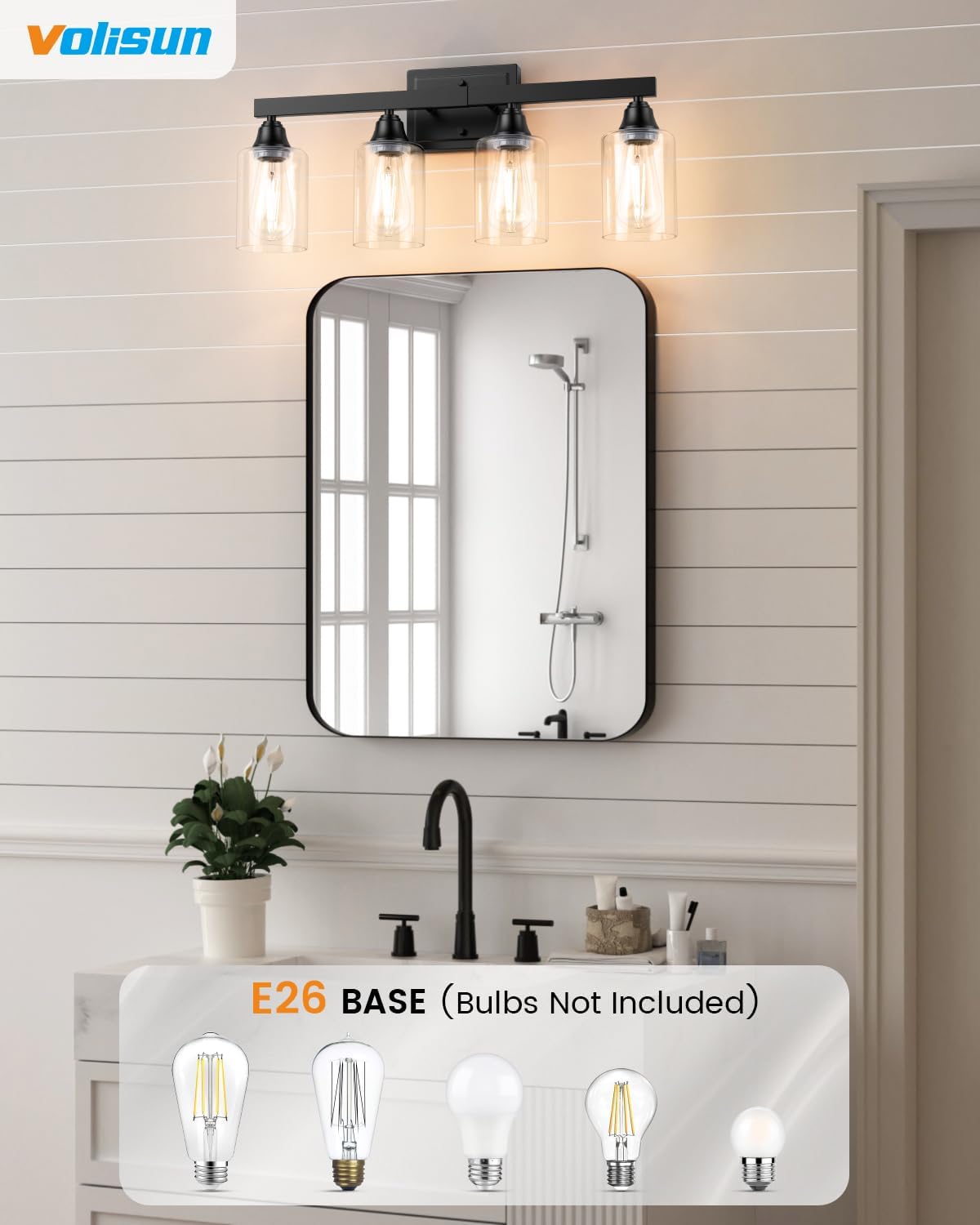 Roll over image to zoom in VOLISUN 4-Light Bathroom Light Fixtures, Matte Black Bathroom Vanity Light Over Mirror, Modern Vanity Light for Bathroom, Bathroom Wall Light with Clear Glass Shades (Bulbs Excluded)