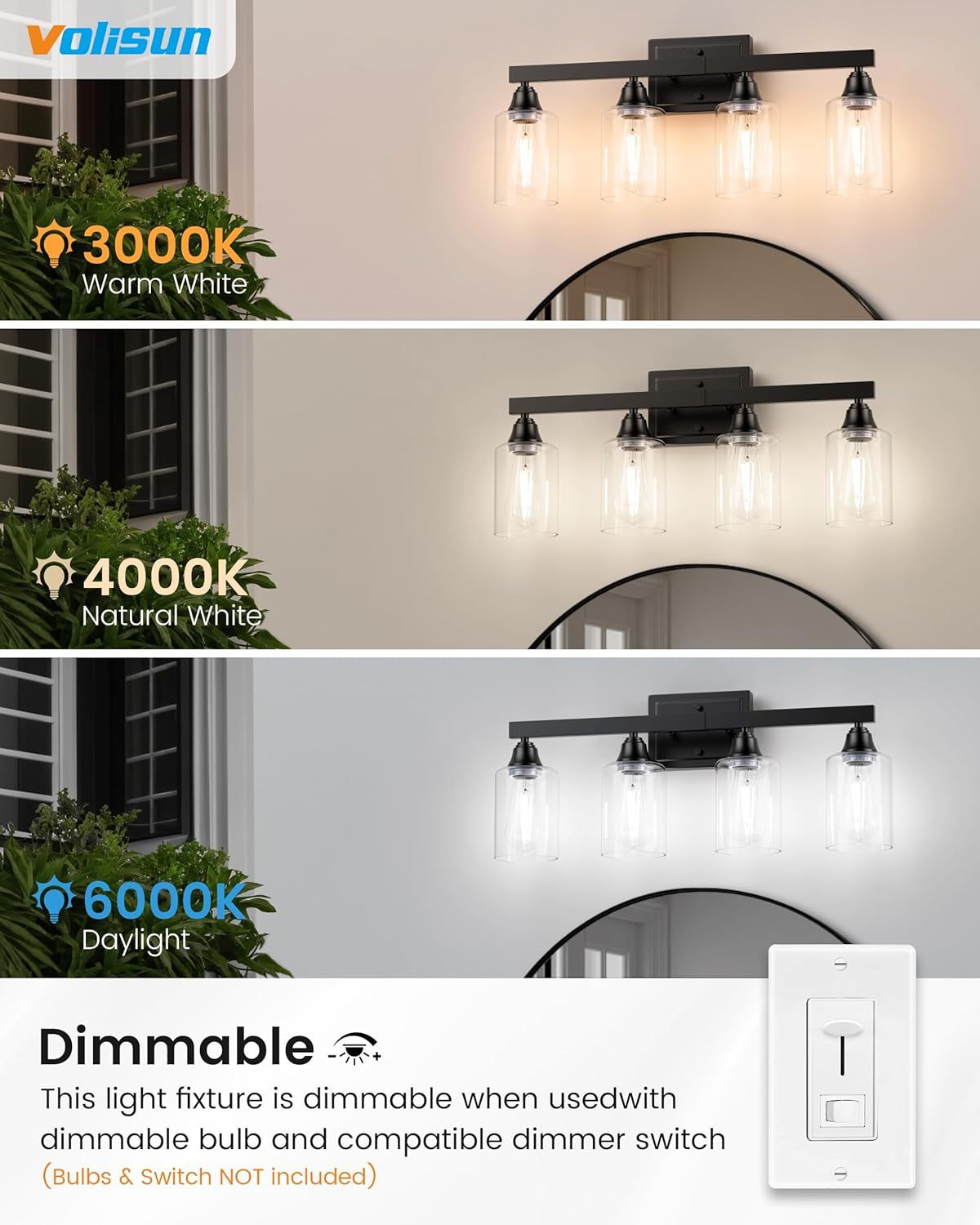 Roll over image to zoom in VOLISUN 4-Light Bathroom Light Fixtures, Matte Black Bathroom Vanity Light Over Mirror, Modern Vanity Light for Bathroom, Bathroom Wall Light with Clear Glass Shades (Bulbs Excluded)