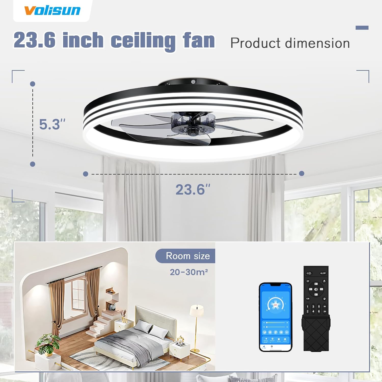 VOLISUN Low Profile Ceiling Fans with Lights and Remote, 19.7in Flush Mount Ceiling Fan with Light, 3000K-6500K Dimmable Fandelier LED Fan Light, Black Bladeless Ceiling Fans with Lights for Bedroom
