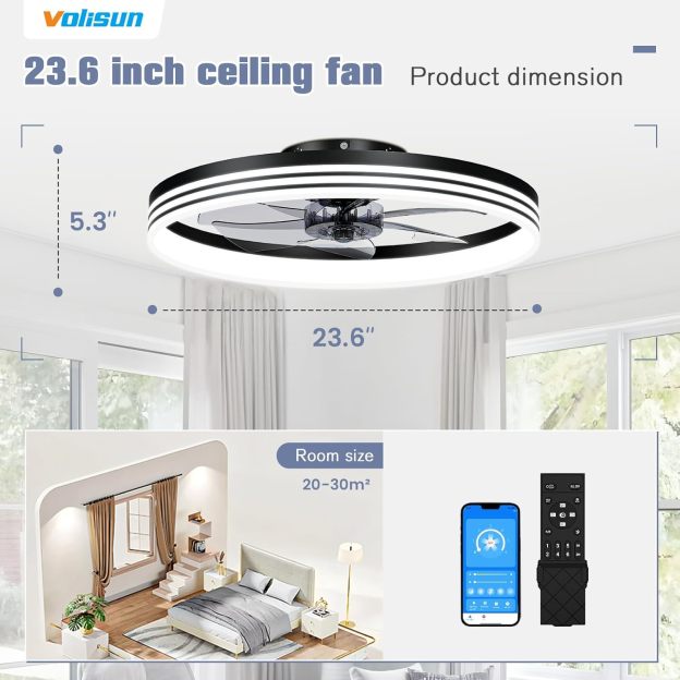 VOLISUN Low Profile Ceiling Fans with Lights and Remote, 19.7in Flush Mount Ceiling Fan with Light, 3000K-6500K Dimmable Fandelier LED Fan Light, Black Bladeless Ceiling Fans with Lights for Bedroom