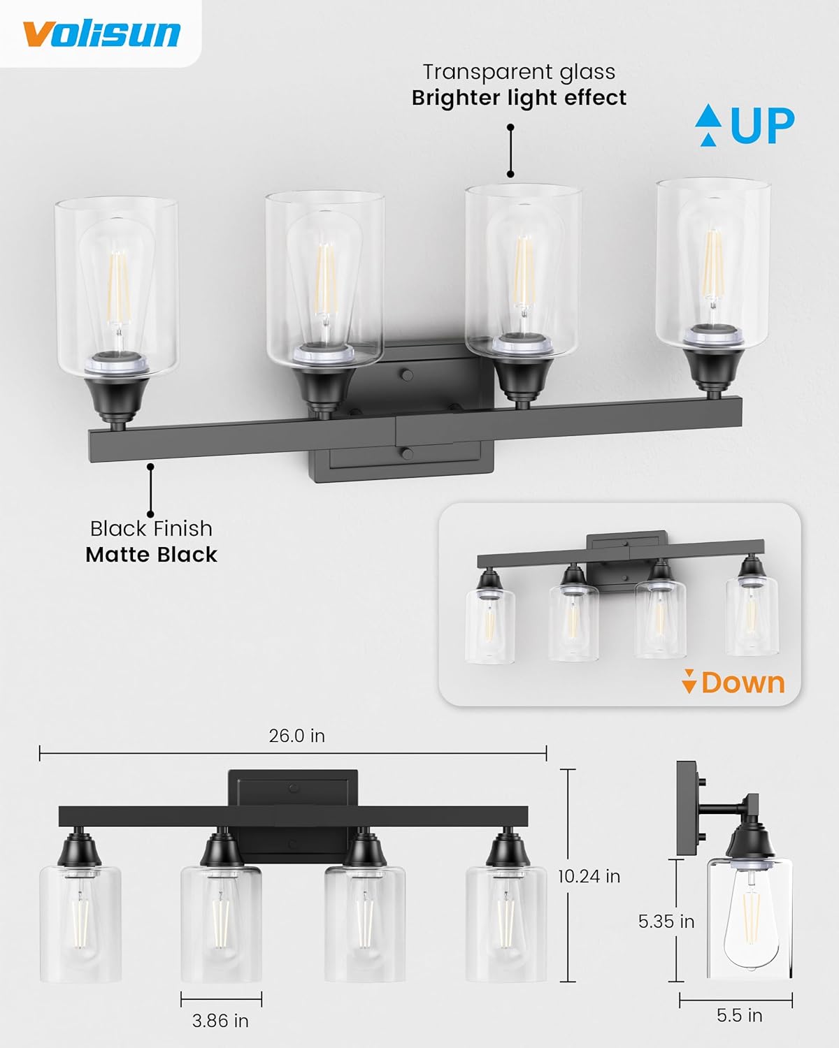 Roll over image to zoom in VOLISUN 4-Light Bathroom Light Fixtures, Matte Black Bathroom Vanity Light Over Mirror, Modern Vanity Light for Bathroom, Bathroom Wall Light with Clear Glass Shades (Bulbs Excluded)