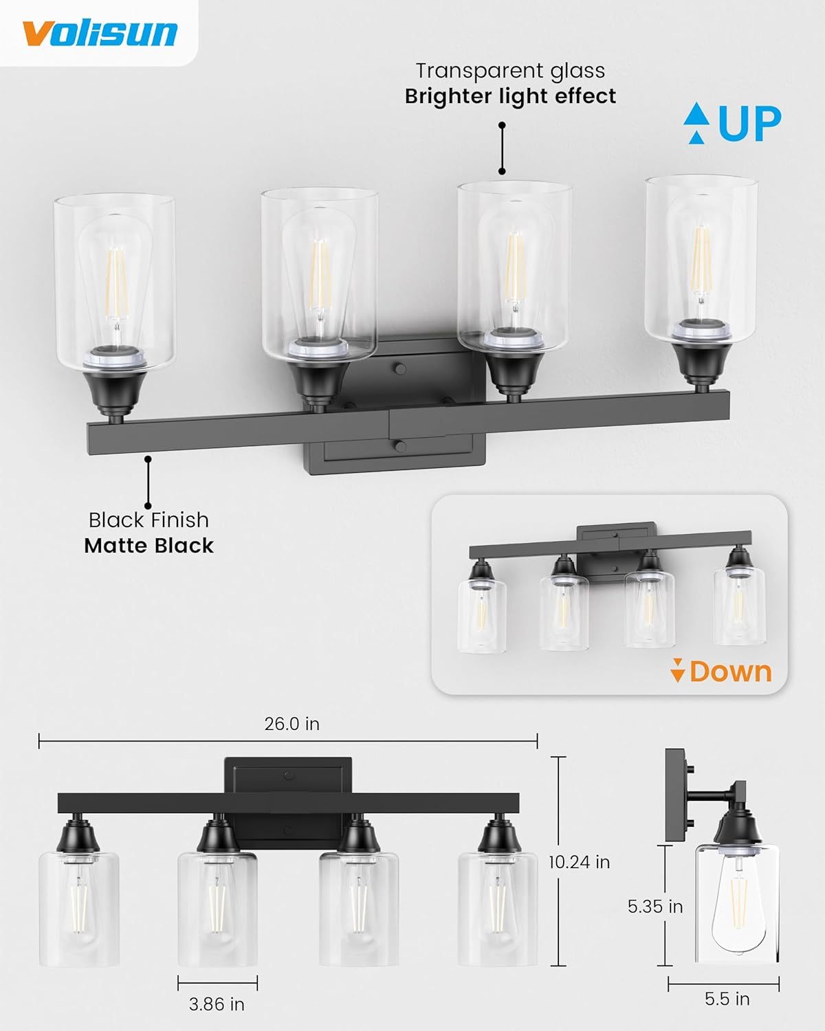 Roll over image to zoom in VOLISUN 4-Light Bathroom Light Fixtures, Matte Black Bathroom Vanity Light Over Mirror, Modern Vanity Light for Bathroom, Bathroom Wall Light with Clear Glass Shades (Bulbs Excluded)