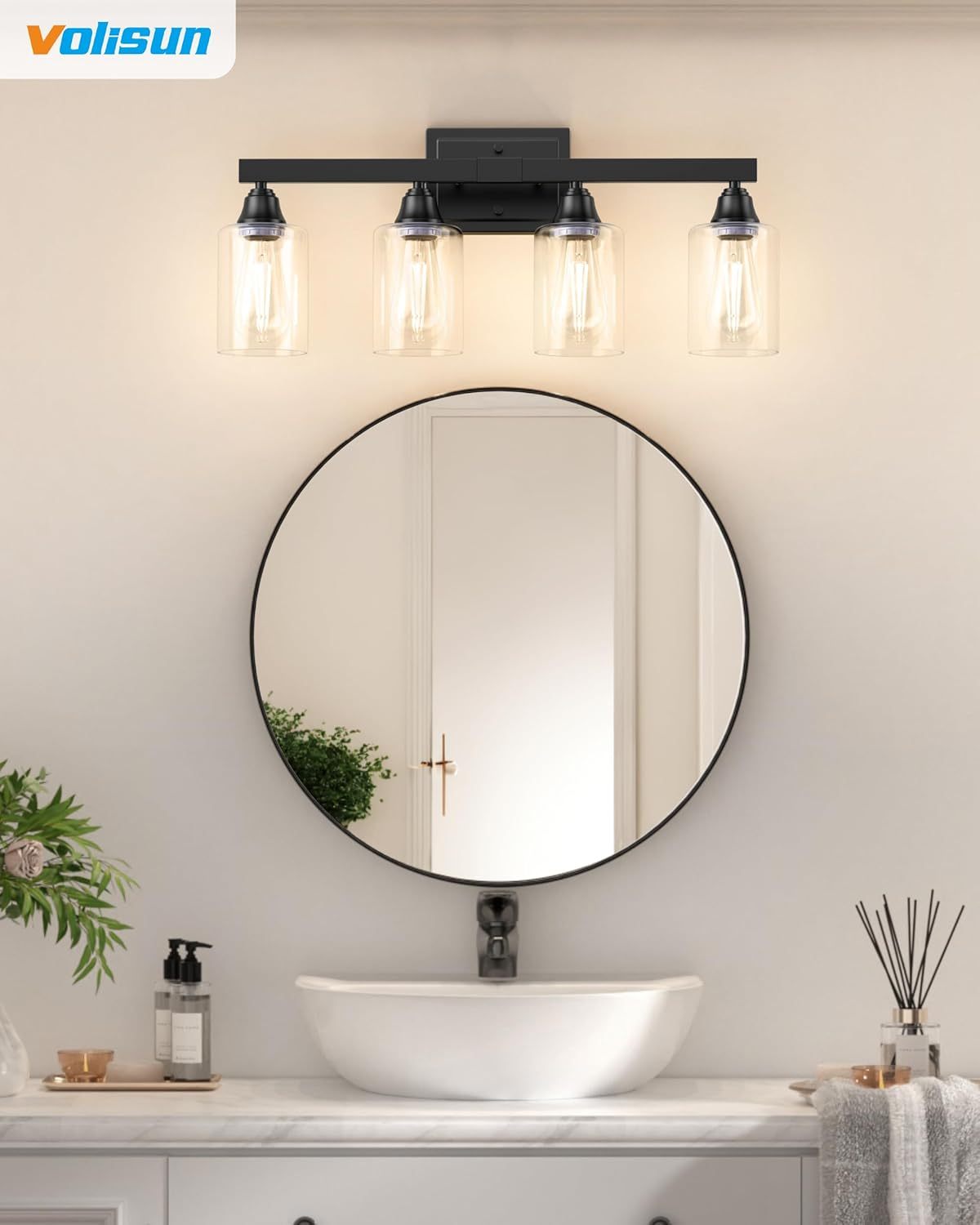 Roll over image to zoom in VOLISUN 4-Light Bathroom Light Fixtures, Matte Black Bathroom Vanity Light Over Mirror, Modern Vanity Light for Bathroom, Bathroom Wall Light with Clear Glass Shades (Bulbs Excluded)