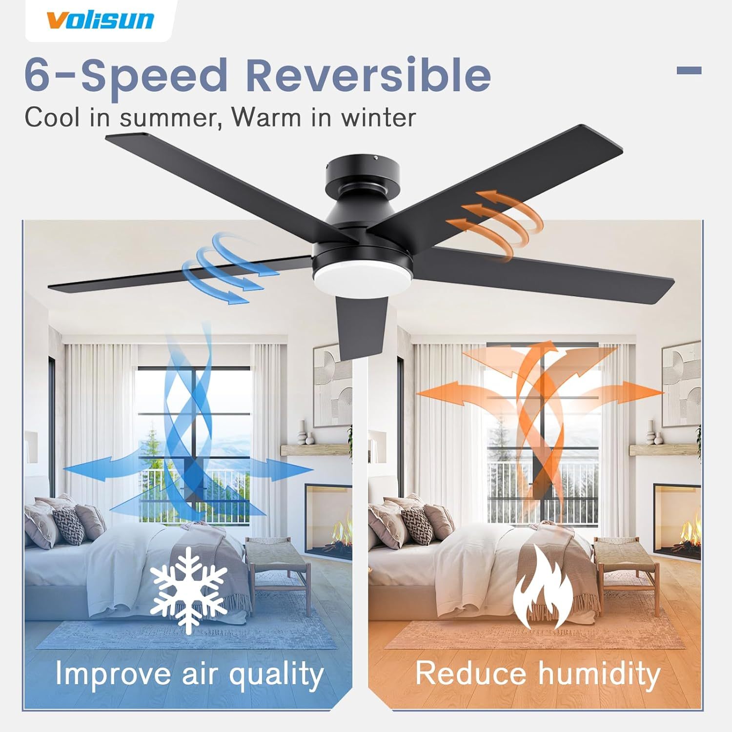 VOLISUN Ceiling Fan with Lights and Remote, 52 inch Low Profile Ceiling Fan with Light, Reversible, 3CCT, Dimmable, Noiseless, Black Flush Mount Ceilings Fans for Bedroom, Indoor/Outdoor  