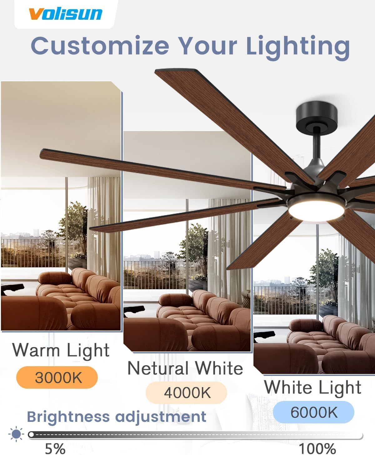 VOLISUN 72in Ceiling Fans with Lights, 8 Blades Large Ceiling Fan with Light and Remote, 3CCT Dimmable Outdoor Ceiling Fans with Light for Patio, Living Room(Black+Wood)  