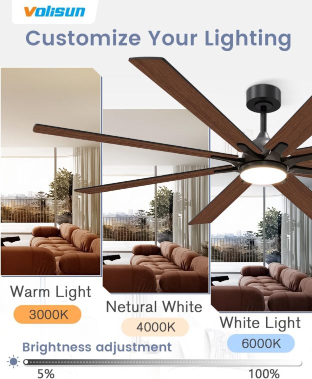 VOLISUN 72in Ceiling Fans with Lights, 8 Blades Large Ceiling Fan with Light and Remote, 3CCT Dimmable Outdoor Ceiling Fans with Light for Patio, Living Room(Black+Wood)  