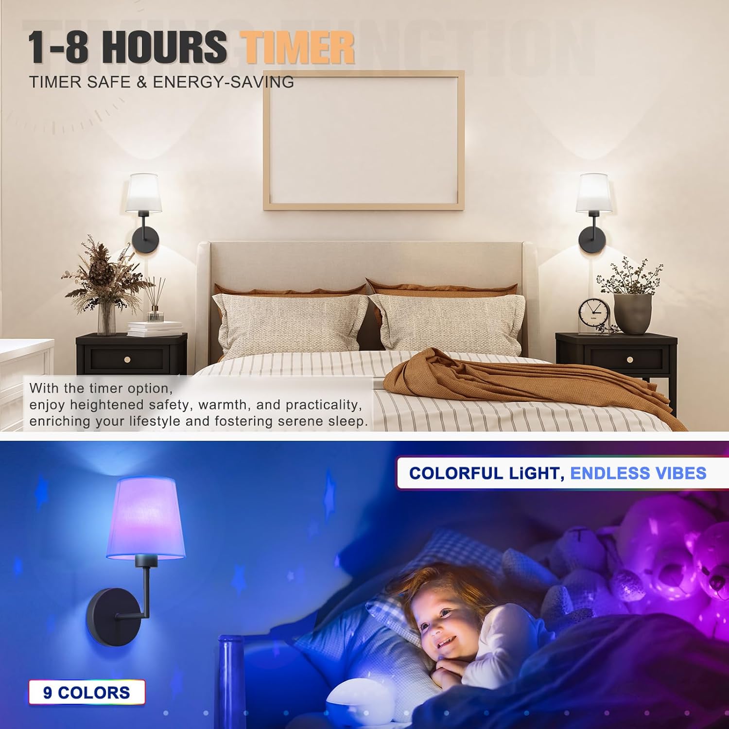 VOLISUN Battery Operated Wall Sconce Set of Two,Black Wireless Sconces with Romote and Rechargeable Bulbs,9 Colors Indoor Wireless Wall Lights for Bedroom Living Room Hallway