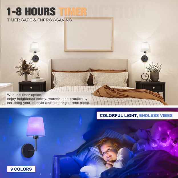 VOLISUN Battery Operated Wall Sconce Set of Two,Black Wireless Sconces with Romote and Rechargeable Bulbs,9 Colors Indoor Wireless Wall Lights for Bedroom Living Room Hallway