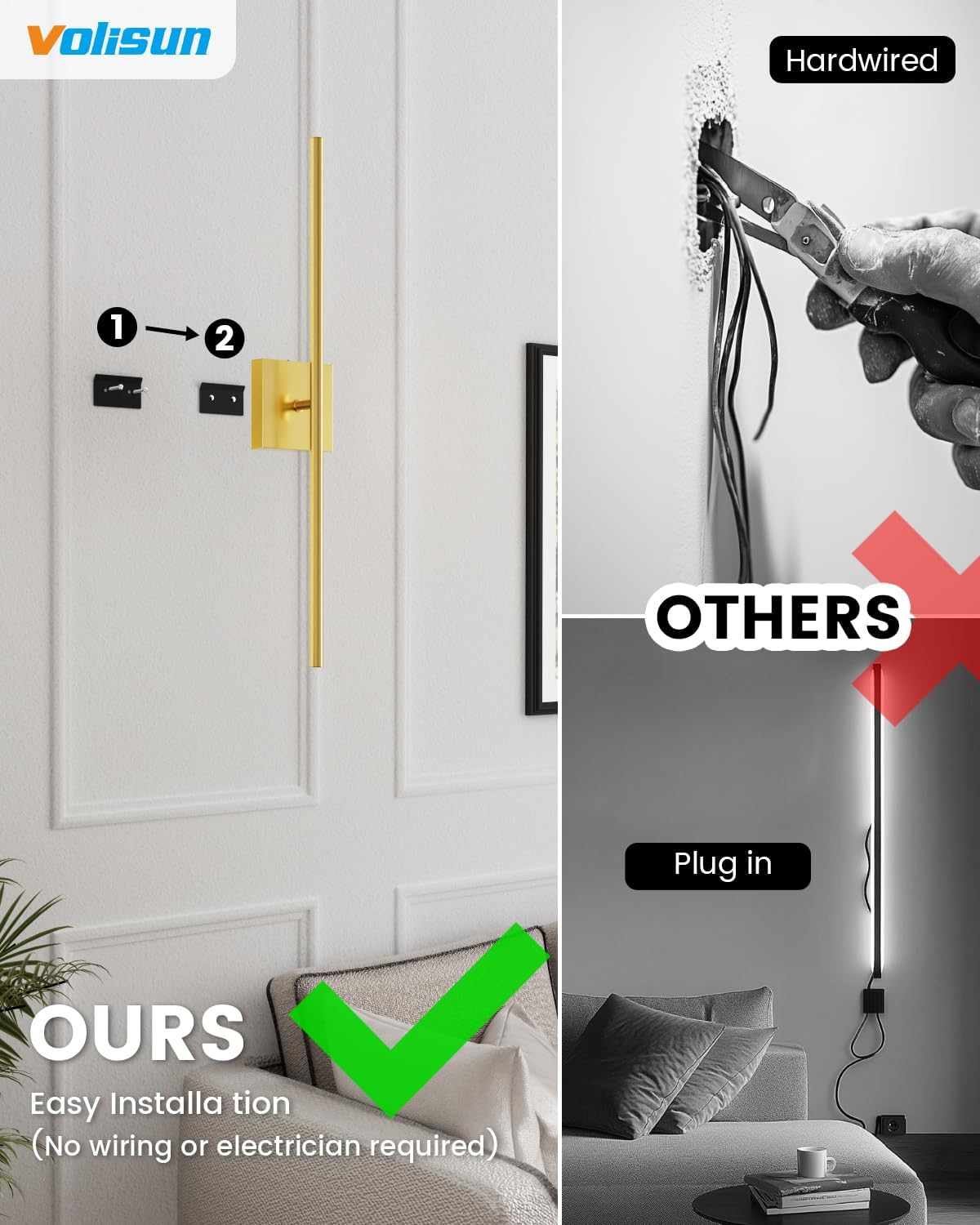 VOLISUN Battery Operated Wall Sconce Set of Two, Gold Rechargeable Wall Lights with Remote Control, 3000K-6500K Dimmable Wall Lamp, 27.6 Inch LED Wireless Wall Lights for Bedroom, Living Room,Hallway