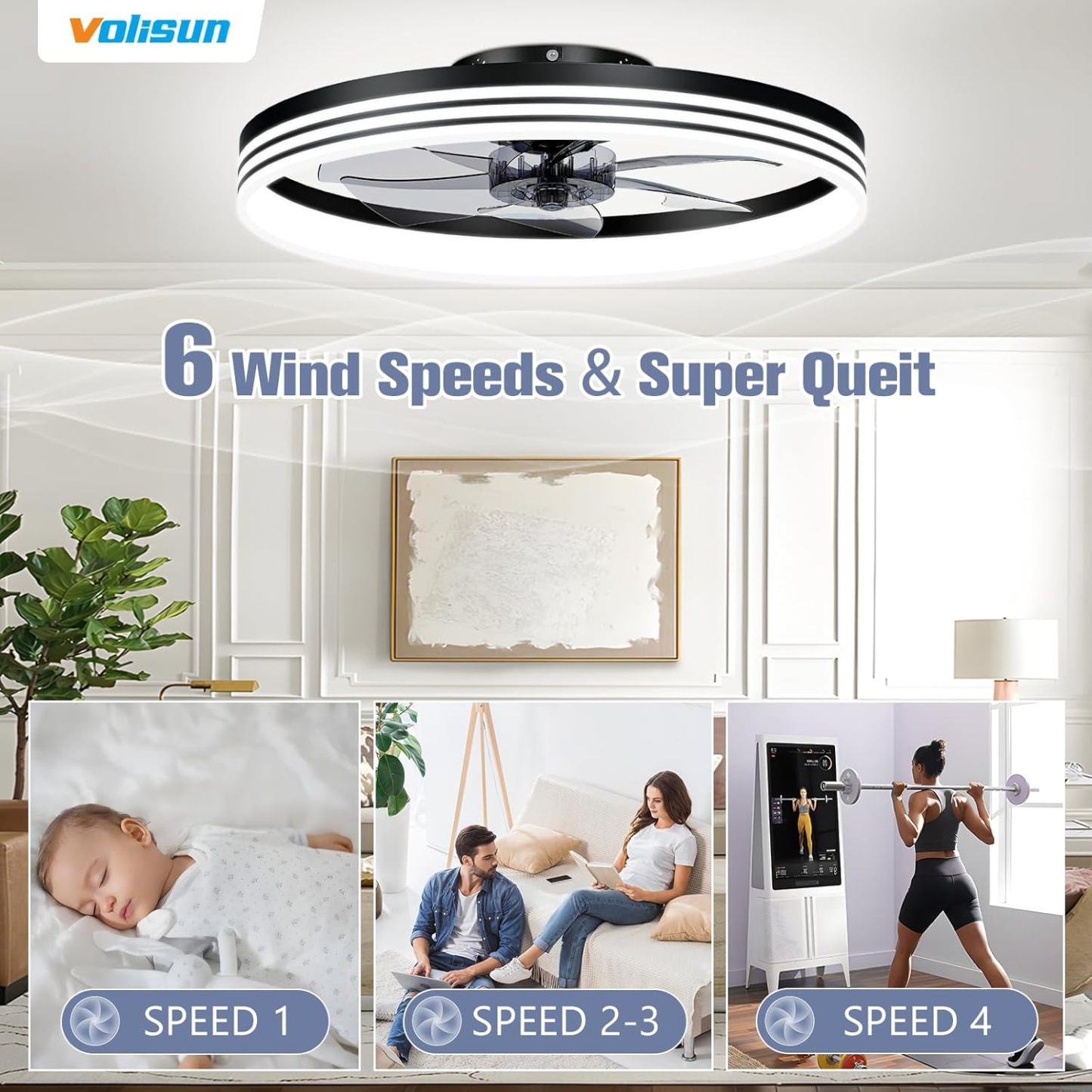 VOLISUN Low Profile Ceiling Fans with Lights and Remote, 19.7in Flush Mount Ceiling Fan with Light, 3000K-6500K Dimmable Fandelier LED Fan Light, Black Bladeless Ceiling Fans with Lights for Bedroom