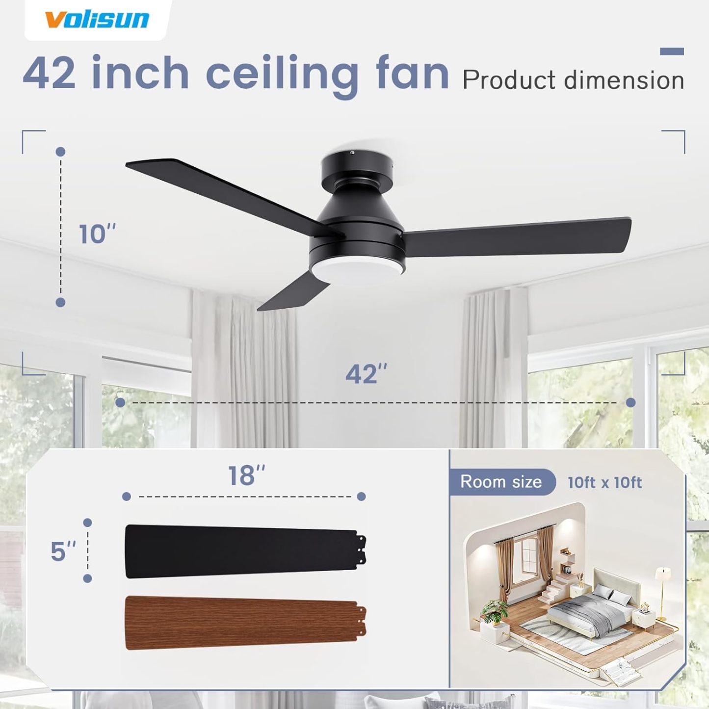 VOLISUN Ceiling Fan with Lights, 42 inch Low Profile Ceiling Fan with Light and Remote, Reversible, 3CCT, Dimmable, Noiseless, Black Flush Mount Ceilings Fans for Bedroom, Indoor/Outdoor 