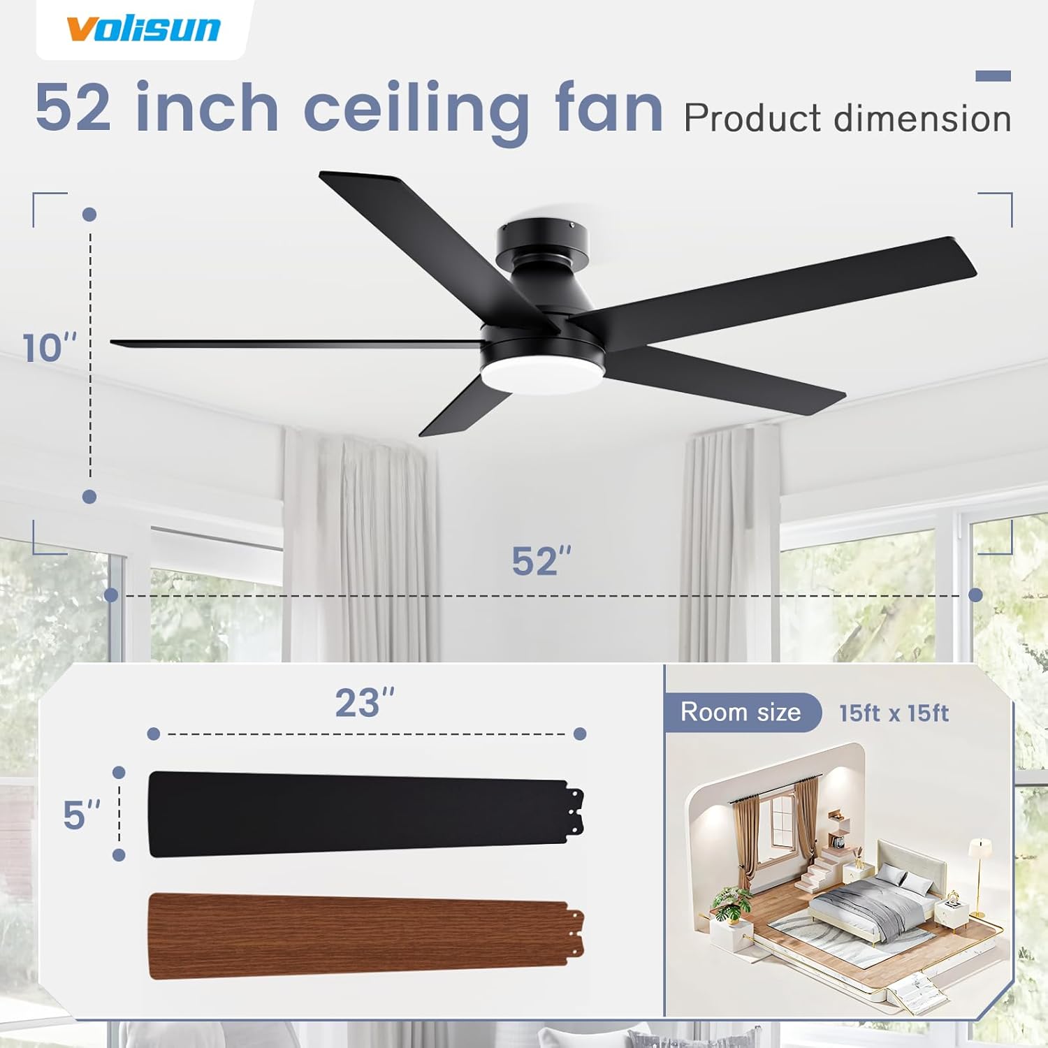 VOLISUN Ceiling Fan with Lights and Remote, 52 inch Low Profile Ceiling Fan with Light, Reversible, 3CCT, Dimmable, Noiseless, Black Flush Mount Ceilings Fans for Bedroom, Indoor/Outdoor  