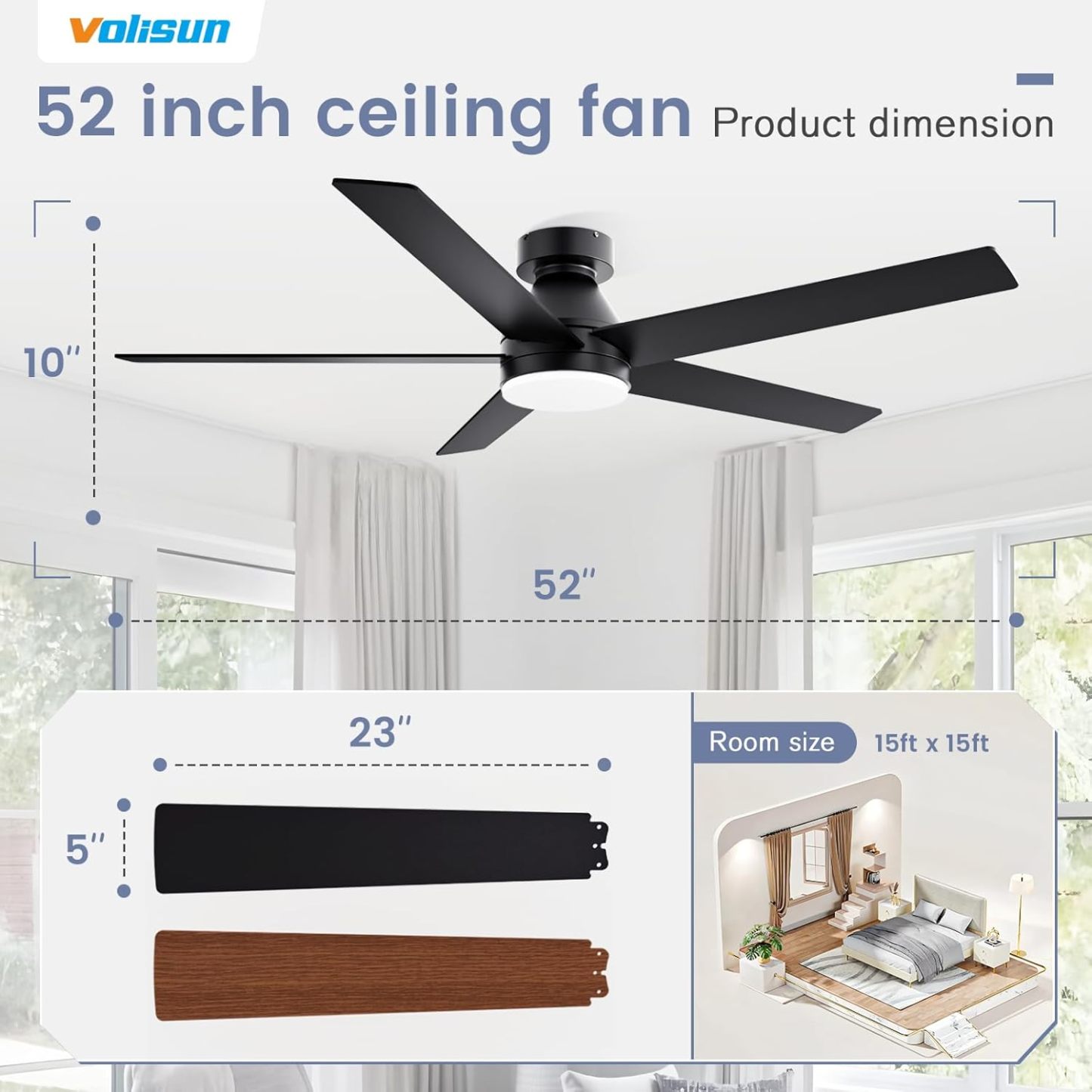 VOLISUN Ceiling Fan with Lights and Remote, 52 inch Low Profile Ceiling Fan with Light, Reversible, 3CCT, Dimmable, Noiseless, Black Flush Mount Ceilings Fans for Bedroom, Indoor/Outdoor  