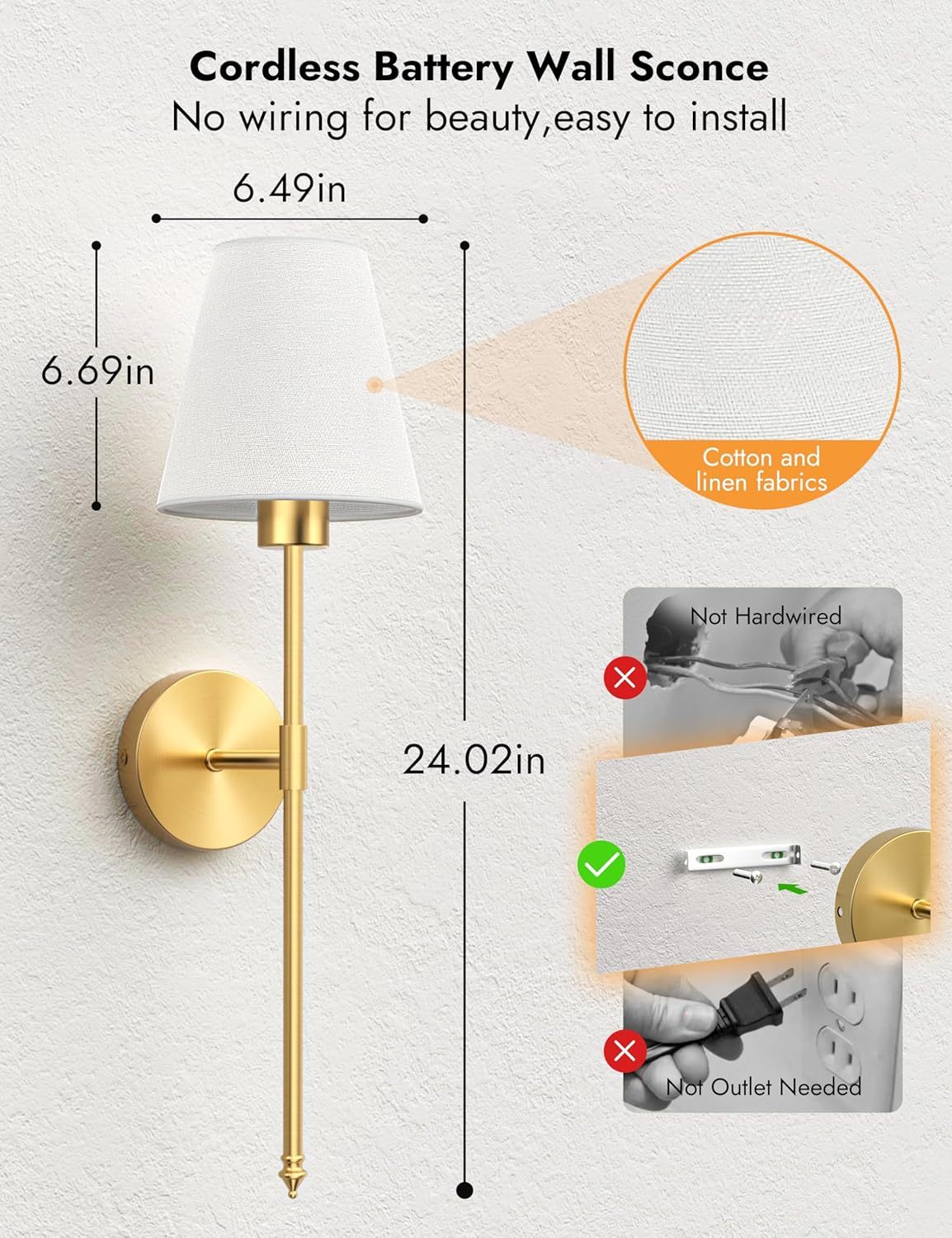 VOLISUN Battery Operated Wall Sconces Set of Two, Wireless Wall Sconces with Remote and Dimmable Bulbs, 9 Colors Battery Powered Wall Lights, Gold Rechargeable Wall Lamps for Bedroom (23.6 inch)