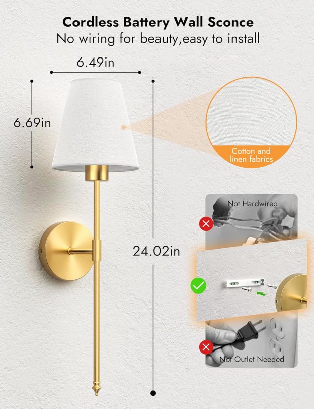 VOLISUN Battery Operated Wall Sconces Set of Two, Wireless Wall Sconces with Remote and Dimmable Bulbs, 9 Colors Battery Powered Wall Lights, Gold Rechargeable Wall Lamps for Bedroom (23.6 inch)