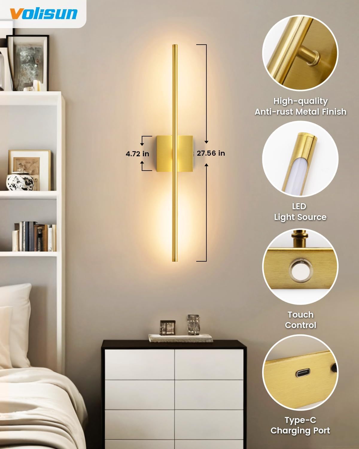 VOLISUN Battery Operated Wall Sconce Set of Two, Gold Rechargeable Wall Lights with Remote Control, 3000K-6500K Dimmable Wall Lamp, 27.6 Inch LED Wireless Wall Lights for Bedroom, Living Room,Hallway
