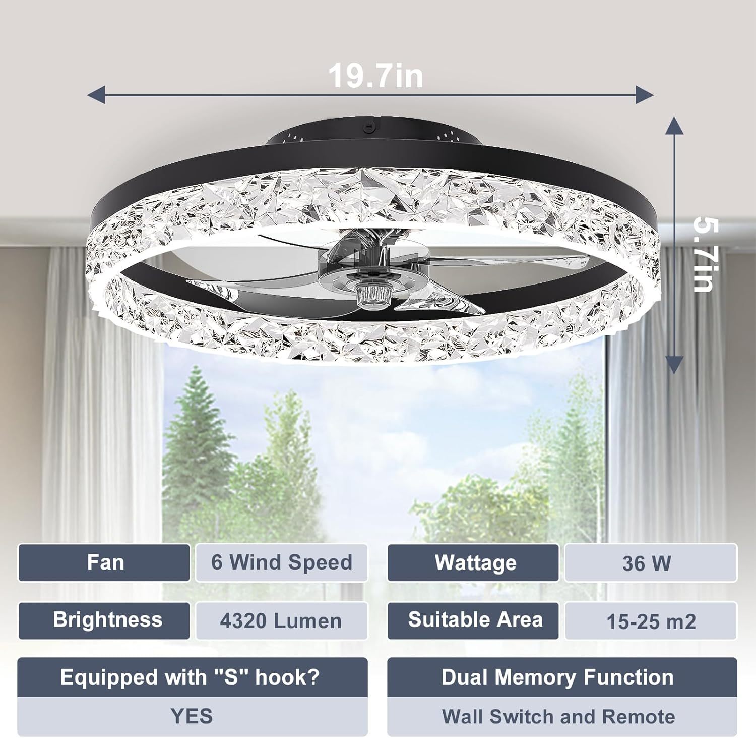 VOLISUN Low Profile Ceiling Fan with Lights and Remote, 19.7in Modern Ceiling Fans Flush Mount, 3000K-6500K Dimmable Bladeless LED Fan Light, Black Fandelier Ceiling Fans with Lights for Bedroom 
