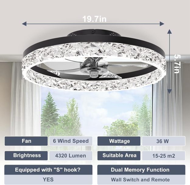 VOLISUN Low Profile Ceiling Fan with Lights and Remote, 19.7in Modern Ceiling Fans Flush Mount, 3000K-6500K Dimmable Bladeless LED Fan Light, Black Fandelier Ceiling Fans with Lights for Bedroom 