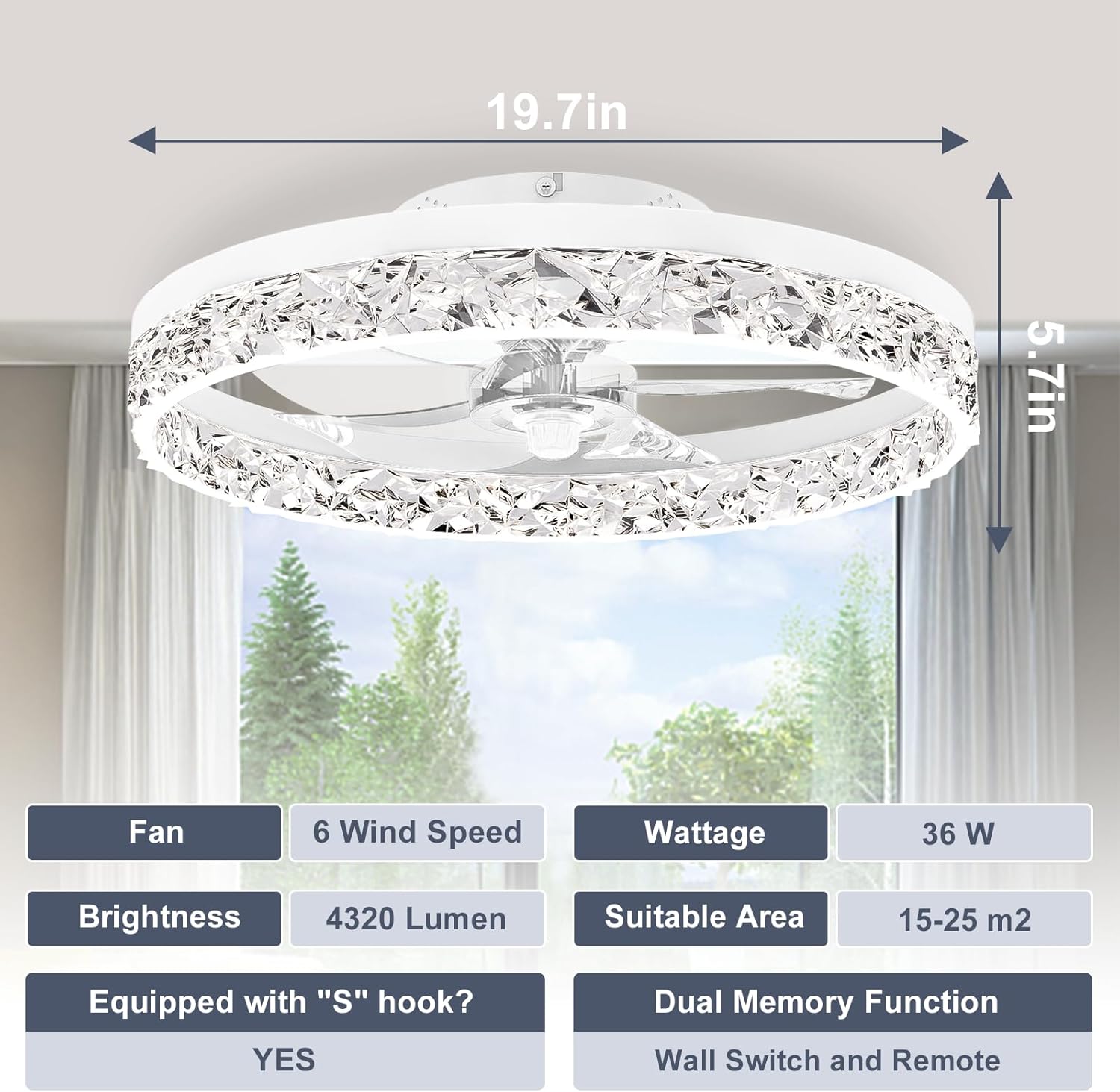 VOLISUN Modern Ceiling Fans with Lights and Remote, 19.7in Low Profile Ceiling Fan Flush Mount, 3000K-6500K Dimmable Bladeless LED Fan Light, White Fandelier Ceiling Fans with Lights for Bedroom 