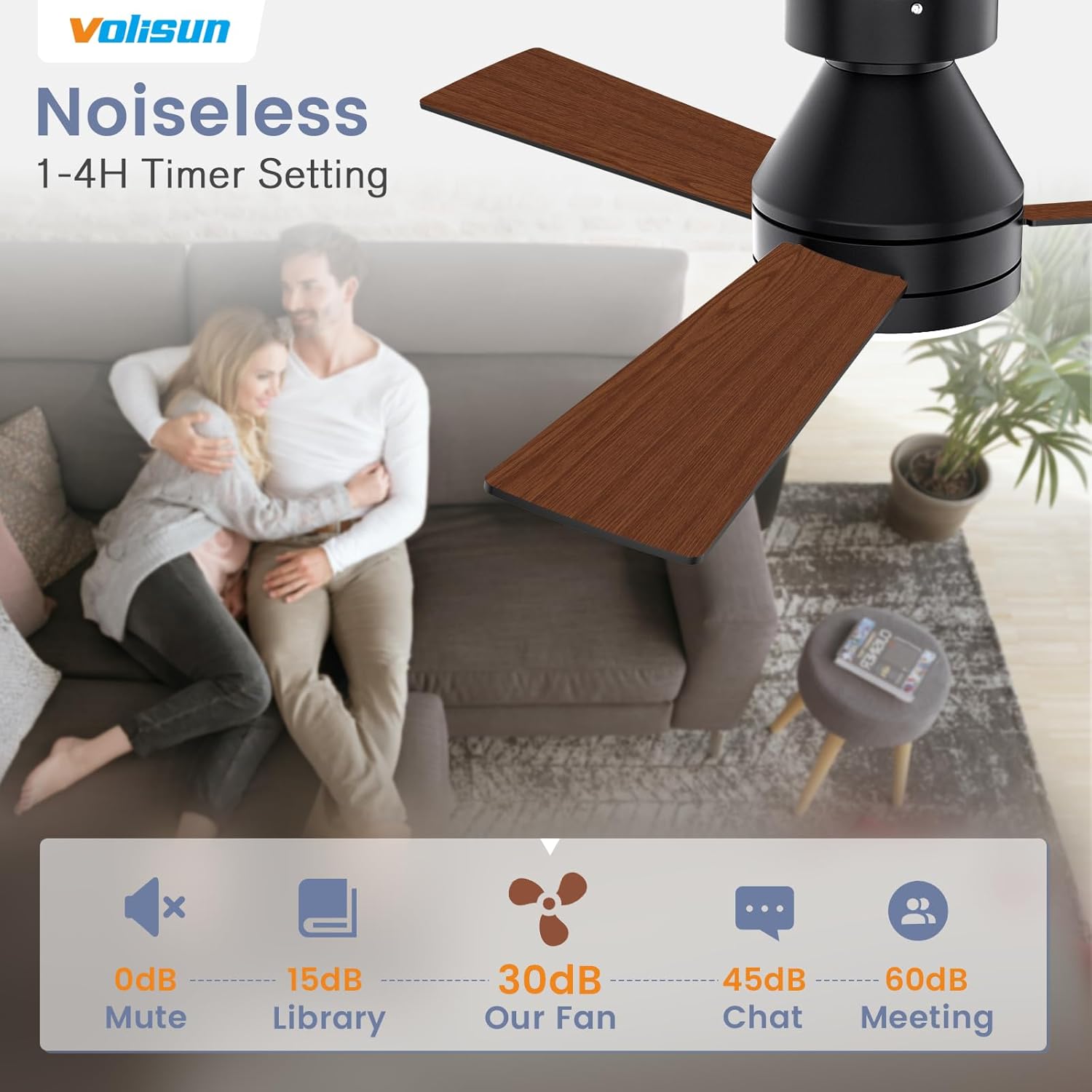 VOLISUN Ceiling Fan with Lights, 42 inch Low Profile Ceiling Fan with Light and Remote, Reversible, 3CCT, Dimmable, Noiseless, Black Flush Mount Ceilings Fans for Bedroom, Indoor/Outdoor 