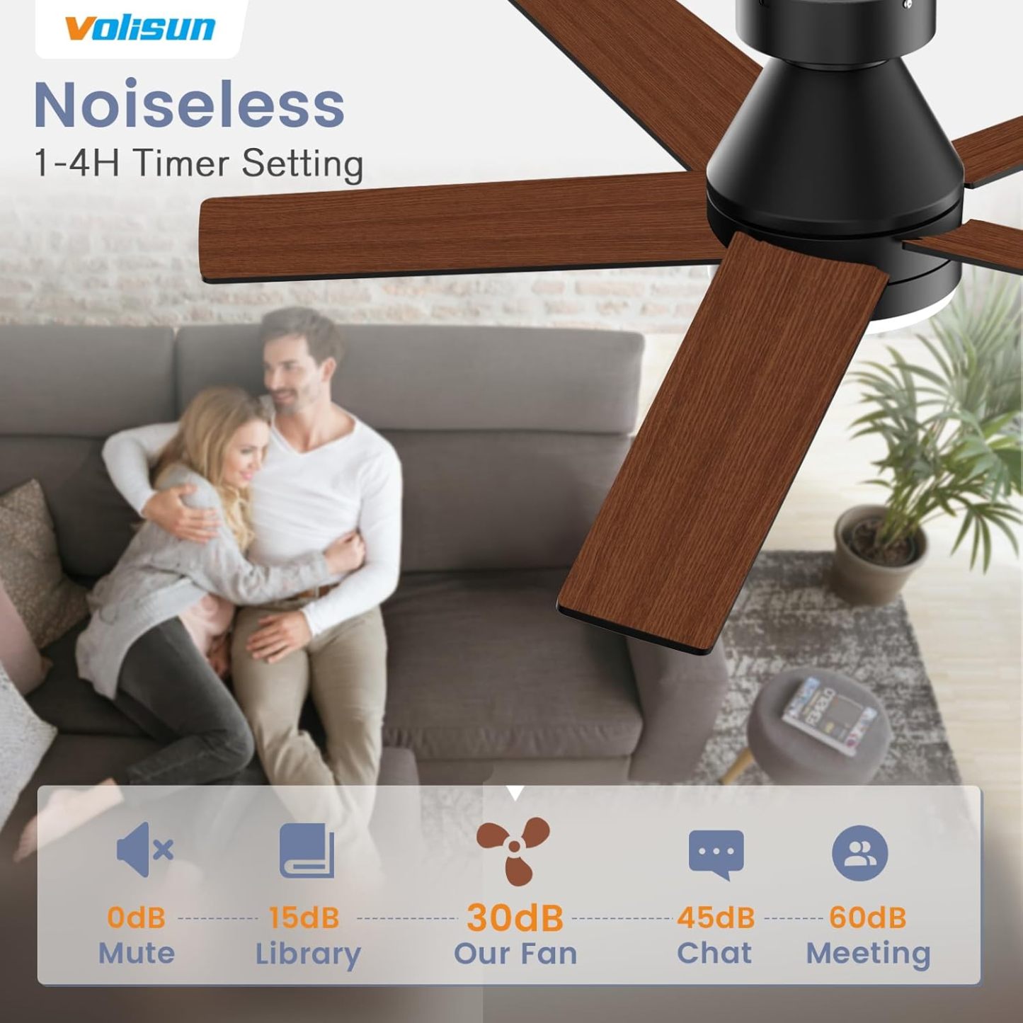 VOLISUN Ceiling Fan with Lights and Remote, 52 inch Low Profile Ceiling Fan with Light, Reversible, 3CCT, Dimmable, Noiseless, Black Flush Mount Ceilings Fans for Bedroom, Indoor/Outdoor  