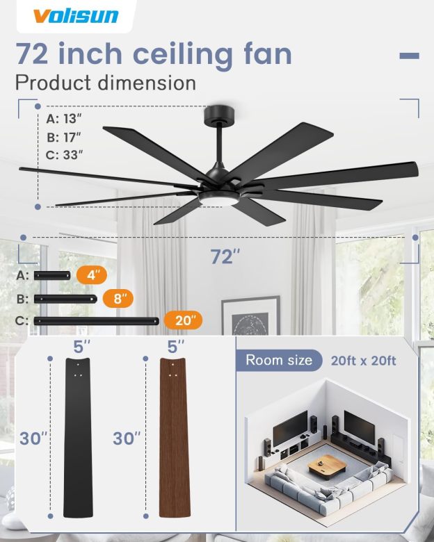VOLISUN 72in Ceiling Fans with Lights, 8 Blades Large Ceiling Fan with Light and Remote, 3CCT Dimmable Outdoor Ceiling Fans with Light for Patio, Living Room(Black+Wood)  