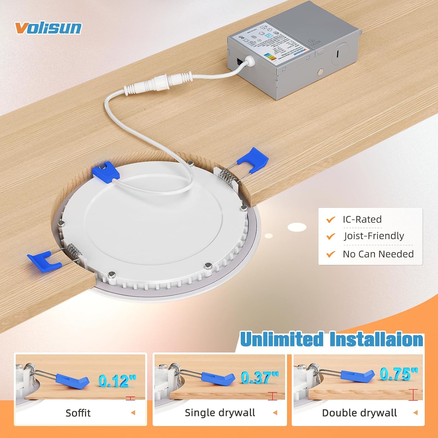 VOLISUN Recessed Lighting, 5CCT LED Recessed Light with Junction Box, 2700K-5000K Selectable, 9.5W Eqv 80W, 810LM Dimmable Canless Wafer Downlight, LED Ceiling Light ETL Certificated