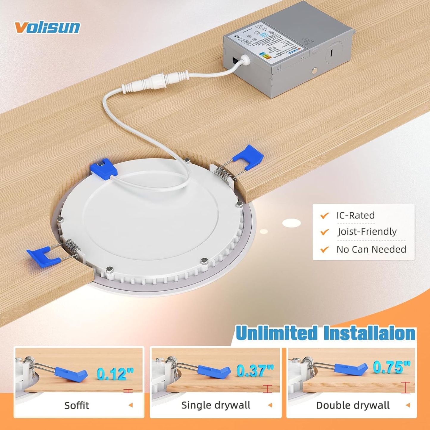 VOLISUN Recessed Lighting, 5CCT LED Recessed Light with Junction Box, 2700K-5000K Selectable, 9.5W Eqv 80W, 810LM Dimmable Canless Wafer Downlight, LED Ceiling Light ETL Certificated