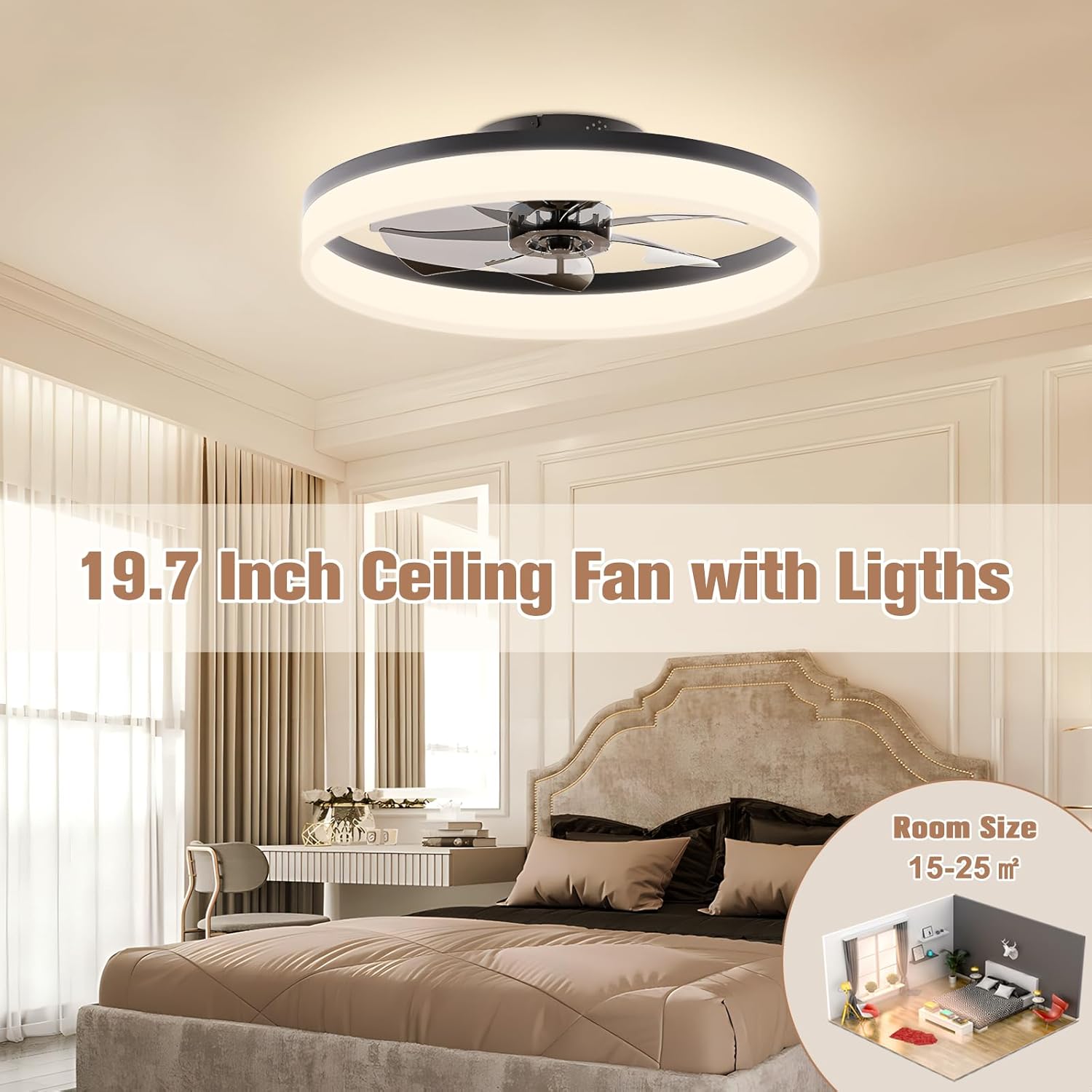 VOLISUN Low Profile Ceiling Fans with Lights and Remote, Fandelier Ceiling Fan Flush Mount, 3000K-6500K Smart Bladeless LED Fan Light, Black Modern Ceiling Fans with Lights for Bedroom