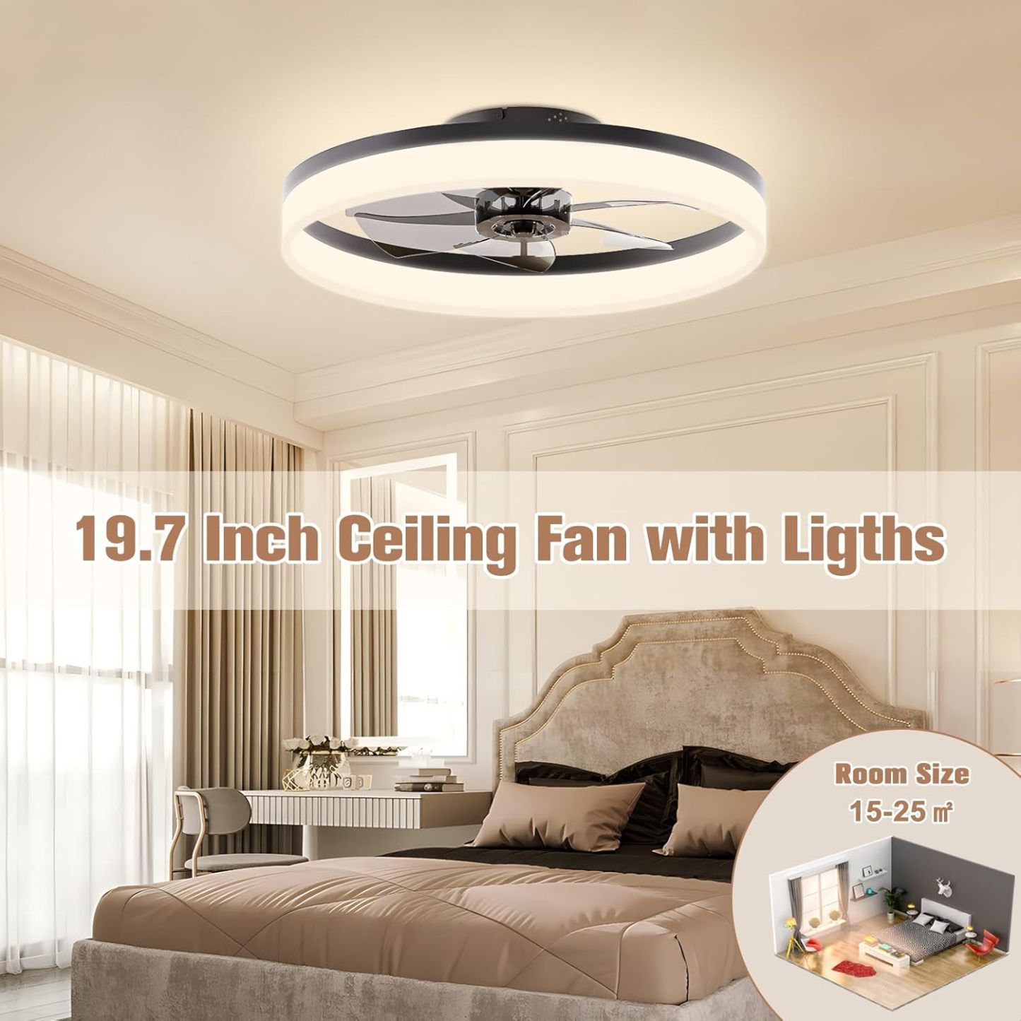 VOLISUN Low Profile Ceiling Fans with Lights and Remote, Fandelier Ceiling Fan Flush Mount, 3000K-6500K Smart Bladeless LED Fan Light, Black Modern Ceiling Fans with Lights for Bedroom