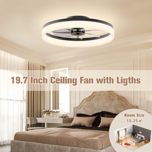 VOLISUN Low Profile Ceiling Fans with Lights and Remote, Fandelier Ceiling Fan Flush Mount, 3000K-6500K Smart Bladeless LED Fan Light, Black Modern Ceiling Fans with Lights for Bedroom