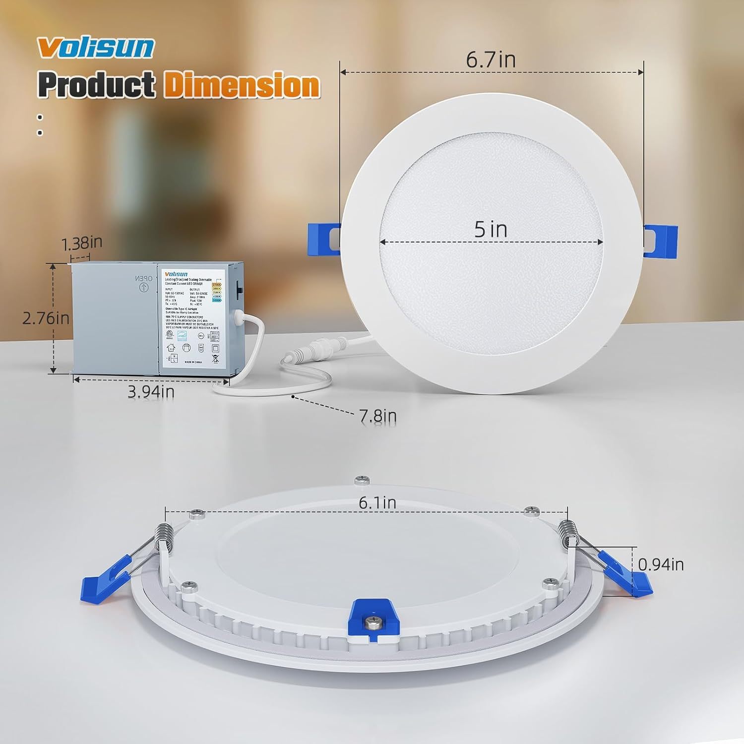 VOLISUN Recessed Lighting, 5CCT LED Recessed Light with Junction Box, 2700K-5000K Selectable, 9.5W Eqv 80W, 810LM Dimmable Canless Wafer Downlight, LED Ceiling Light ETL Certificated