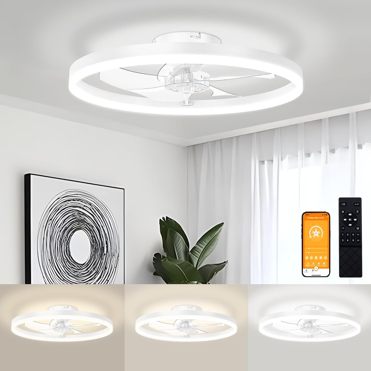 VOLISUN Low Profile Ceiling Fans with Light and Remote,Modern Bladeless Ceiling Fan with Lights,3000K-6500K Dimmable Flush Mount LED Fan Light,White Fandelier Ceiling Fans for Bedroom