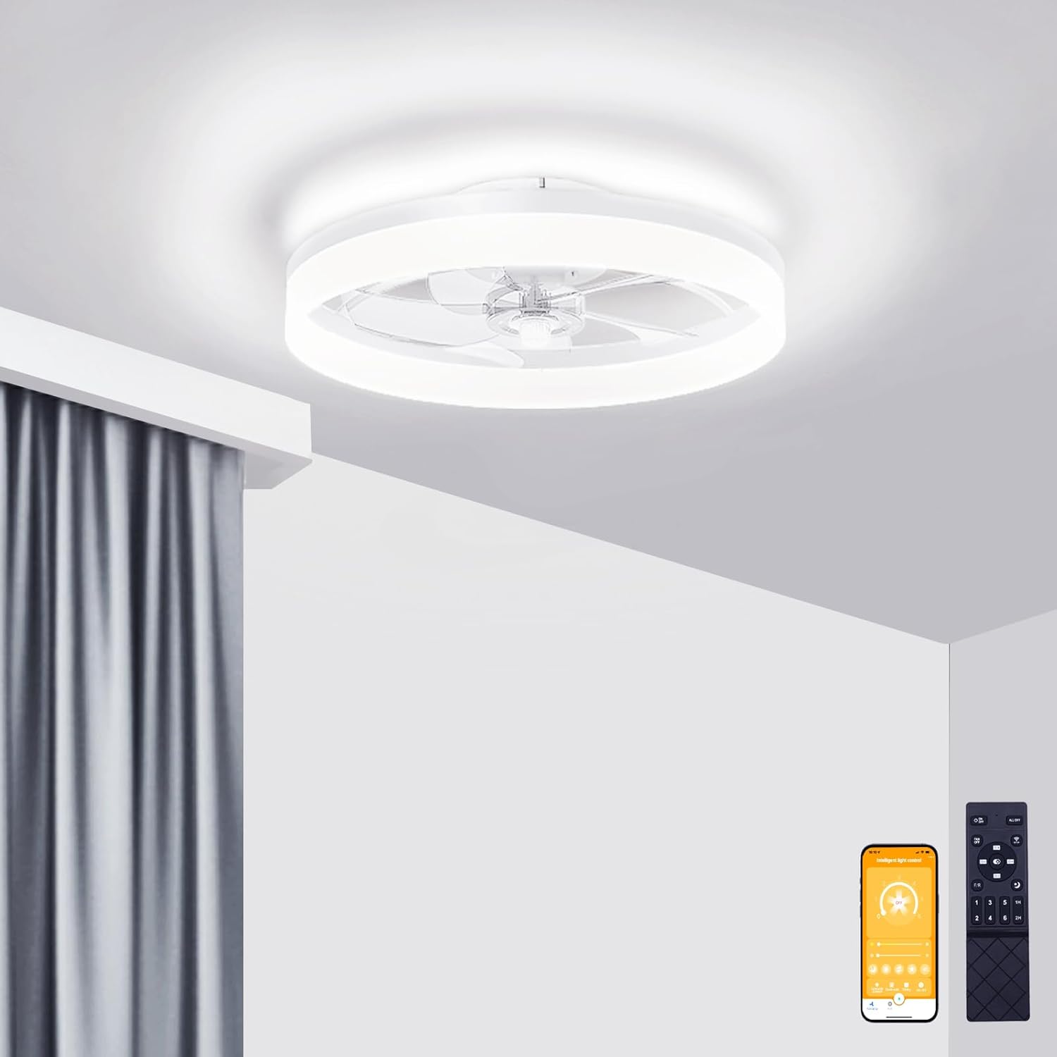 VOLISUN Low Profile Ceiling Fans with Lights and Remote, Fandelier Ceiling Fan Flush Mount, 3000K-6500K Smart Bladeless LED Fan Light, Modern Ceiling Fans with Lights for Bedroom