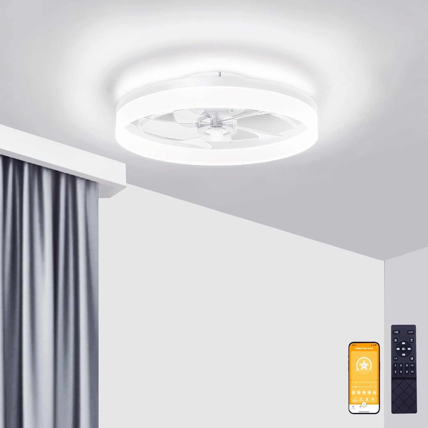 VOLISUN Low Profile Ceiling Fans with Lights and Remote, Fandelier Ceiling Fan Flush Mount, 3000K-6500K Smart Bladeless LED Fan Light, Modern Ceiling Fans with Lights for Bedroom