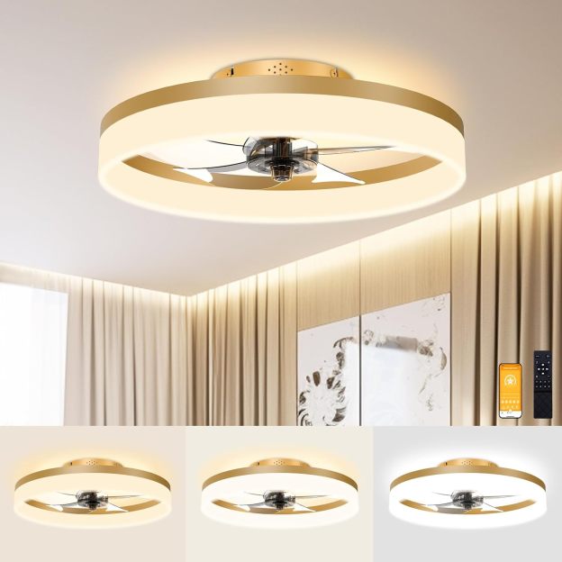 VOLISUN Low Profile Ceiling Fans with Lights and Remote, Fandelier Ceiling Fan Flush Mount, 3000K-6500K Smart Bladeless LED Fan Light, Modern Ceiling Fans with Lights for Bedroom